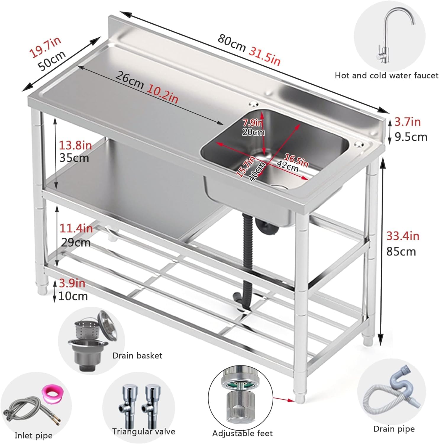 Komercyjny zlew ze stali nierdzewnej z kranem i płytą odpływową, 80 cm, do kuchni, na zewnątrz, wolnostojący, stalowy stół 304, do pralni, restauracji, garażu, prawa strona