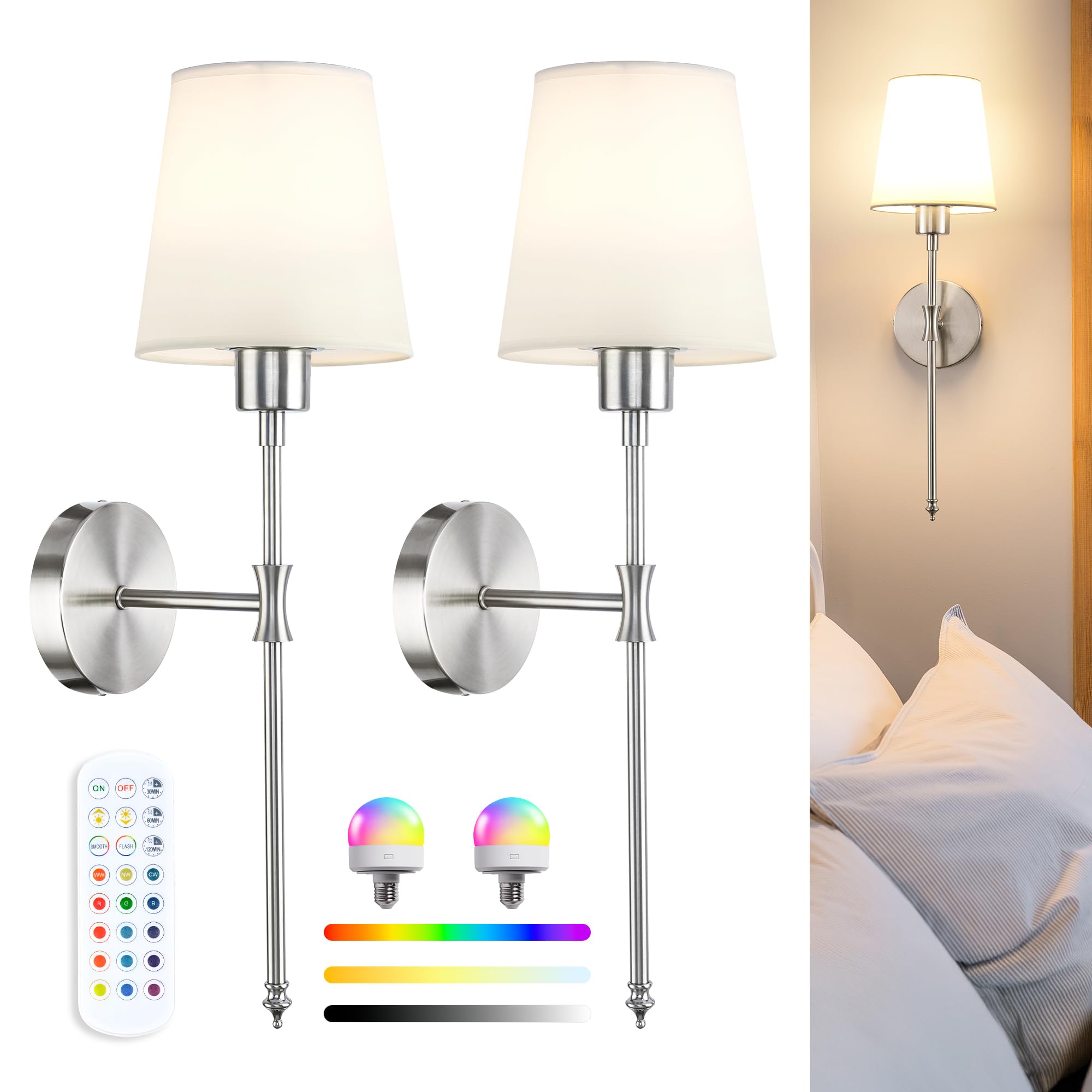 Rechargeable Wireless Wall Sconce Lights Set of 2, Brushed Nickel Battery Operated Wall Lights with Soft Fabric Shade and Remote, Dimmable Rechargeable Magnetic Bulbs, 56cm Tall Wall Lights Indoor