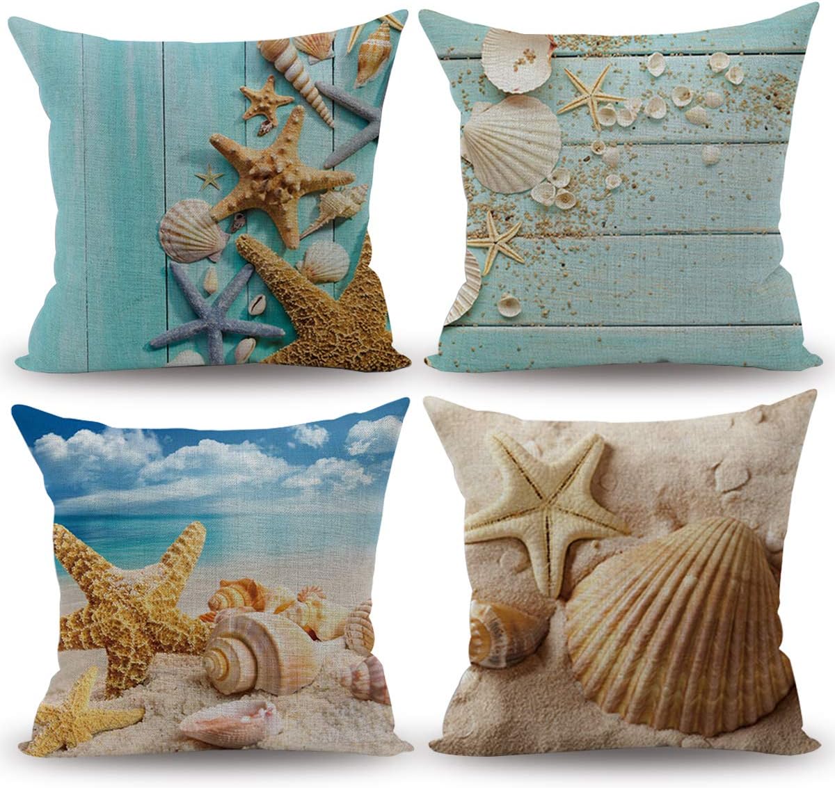 Nautical Coastal Decor Starfish/Seashell/Sand/Beach House Decorative Throw Pillow Covers 18 x 18 Inch for Party, 4 Pack