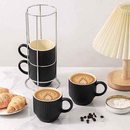 Vista 12 de Hasense Juego de 4 tazas de café de cerámica con soporte, 15 onzas, apilables, grandes, de porcelana, acanaladas, para capuchino, té, cacao