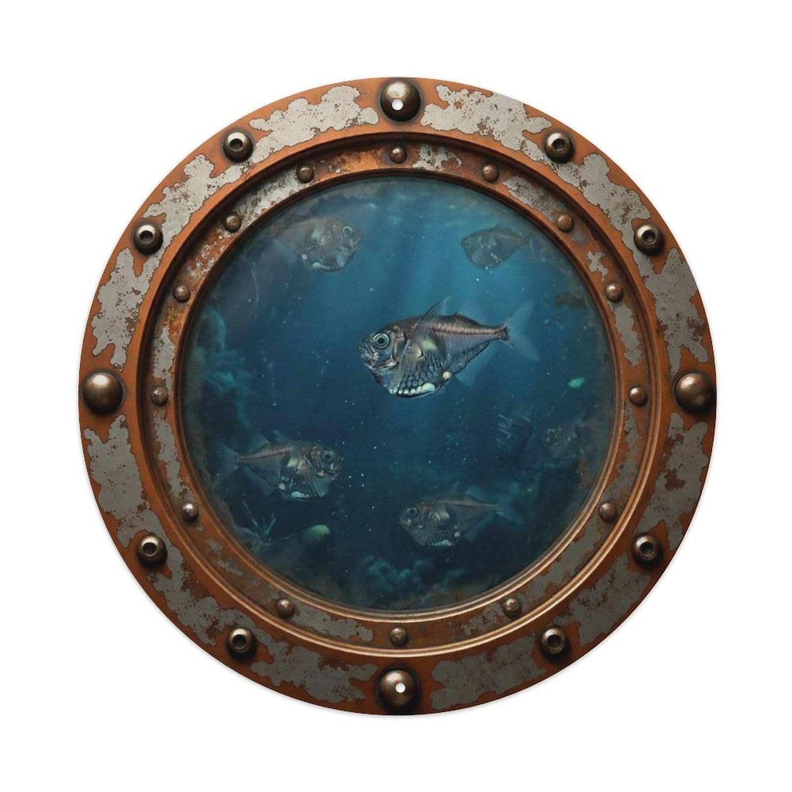 Odgynaw 8X8inch(20X20cm) Vintage Porthole Hatchetfish Nautical Window View Metal Tin Sign