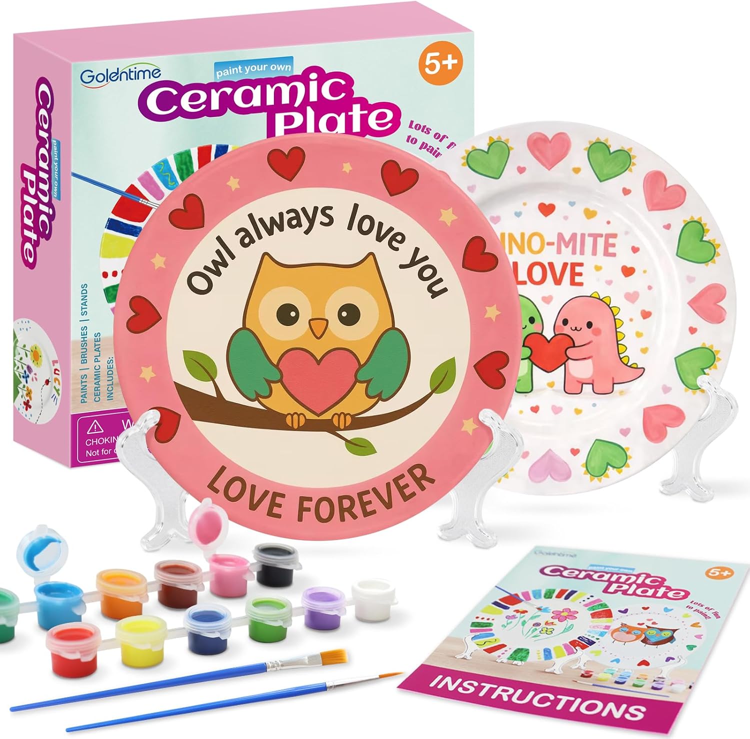 goldentime Ceramic Plate Painting kit for Kids and Adults Including 2 Ceramic Plates to Paint, with 12 Paints, 2 Brushes and 2 Stands - Perfect as DIY Home décor or Gifts for Bithday Christmas