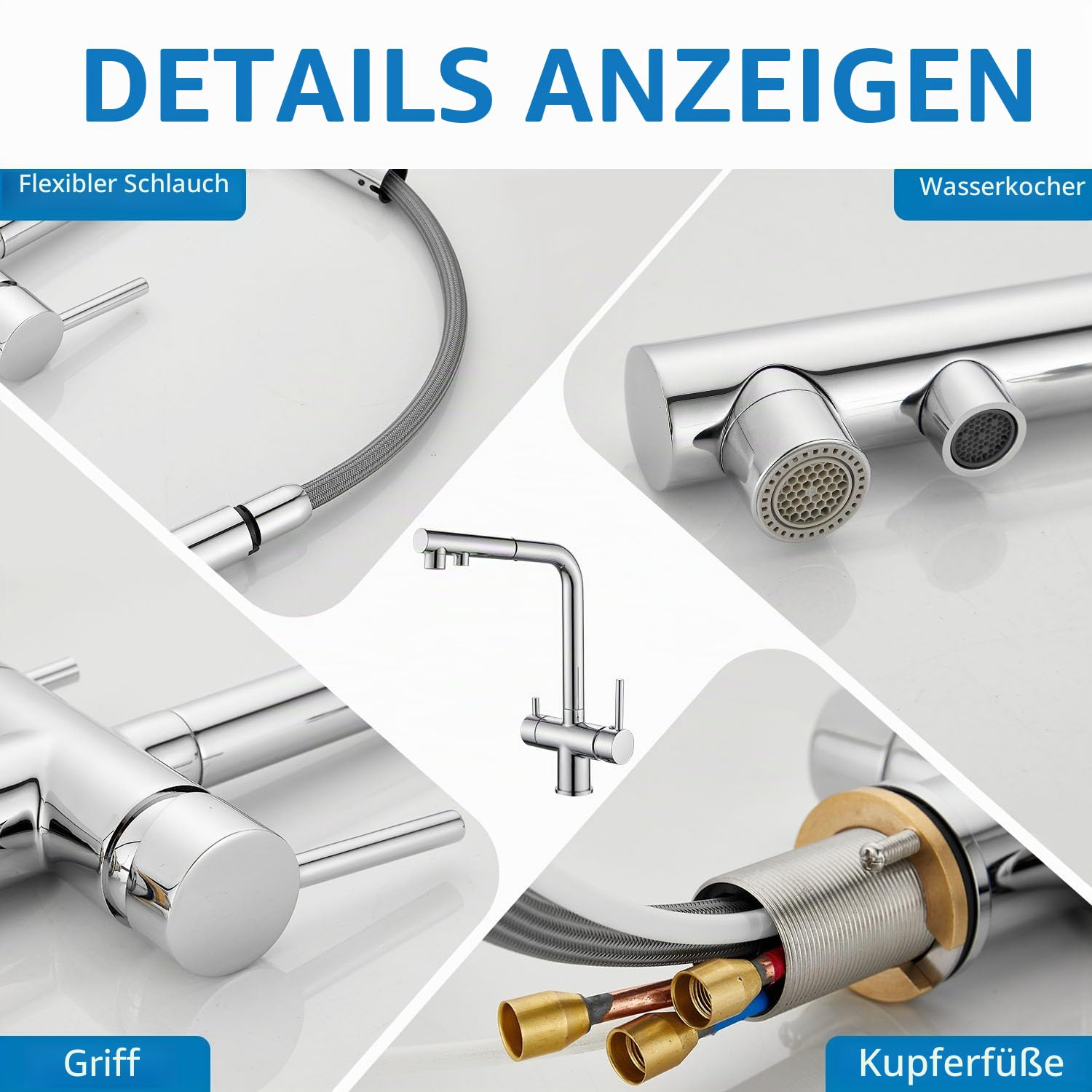 3-Wege-Küchenarmatur, 360° drehbarer Wasserhahn, Mischbatterie für Spüle mit flexiblem Auslauf, Wasserhahn für Küchenspüle für kaltes und warmes Wasser und Filter