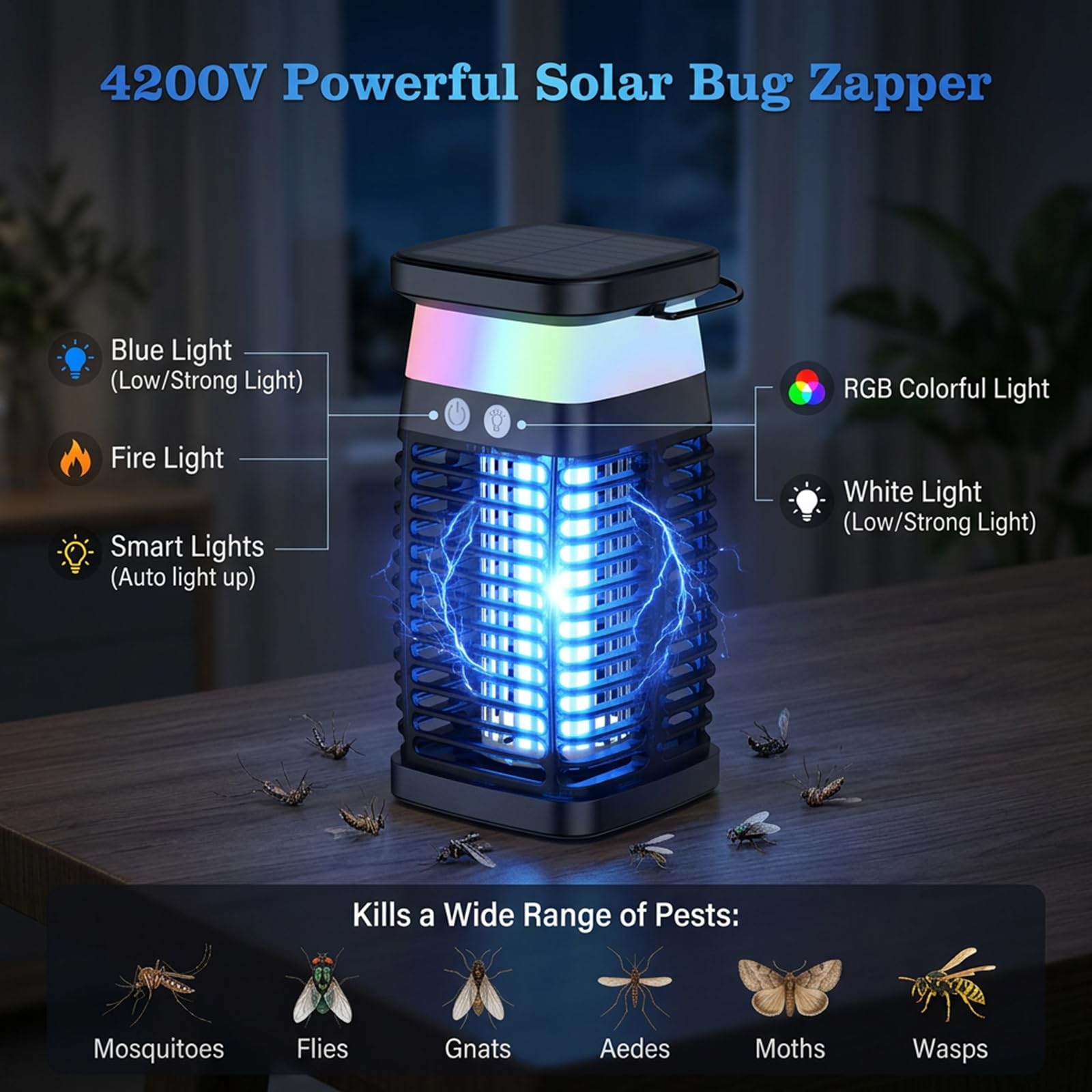Qoosea Anti-Moustique Solaire Électrique, Lampe Tue-Moustiques avec Grille 4200V Recharge USB-C Batterie 4000mAh IP65 Étanche Piège à Insectes pour Maison Cuisine Chambre Jardin Intérieur et Extérieur