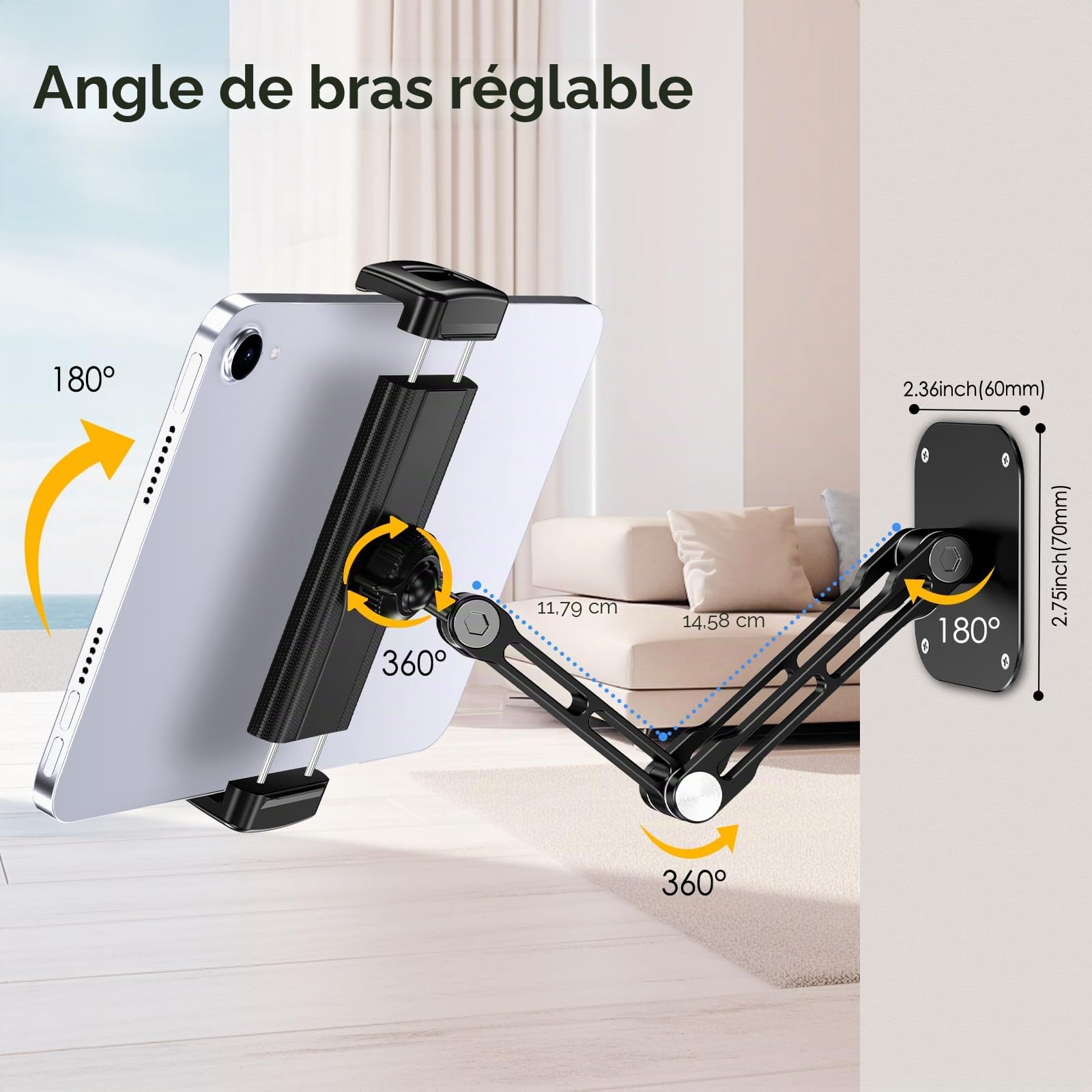 Support Mural pour Tablette, Support Mural Extensible en Aluminium pour iPad, avec Base rotative à 360° réglable et Pliable pour iPad Pro Air, Tous Les téléphones et tablettes de 4,7 à 13"