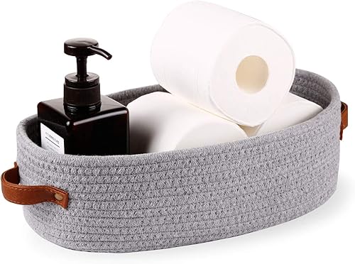 Miniatura 2 de Oradrem Cesta tejida pequeña de cuerda de algodón, cesta de papel higiénico, cesta de almacenamiento de habitación con asas para baño, 13 x 5.9 x 4