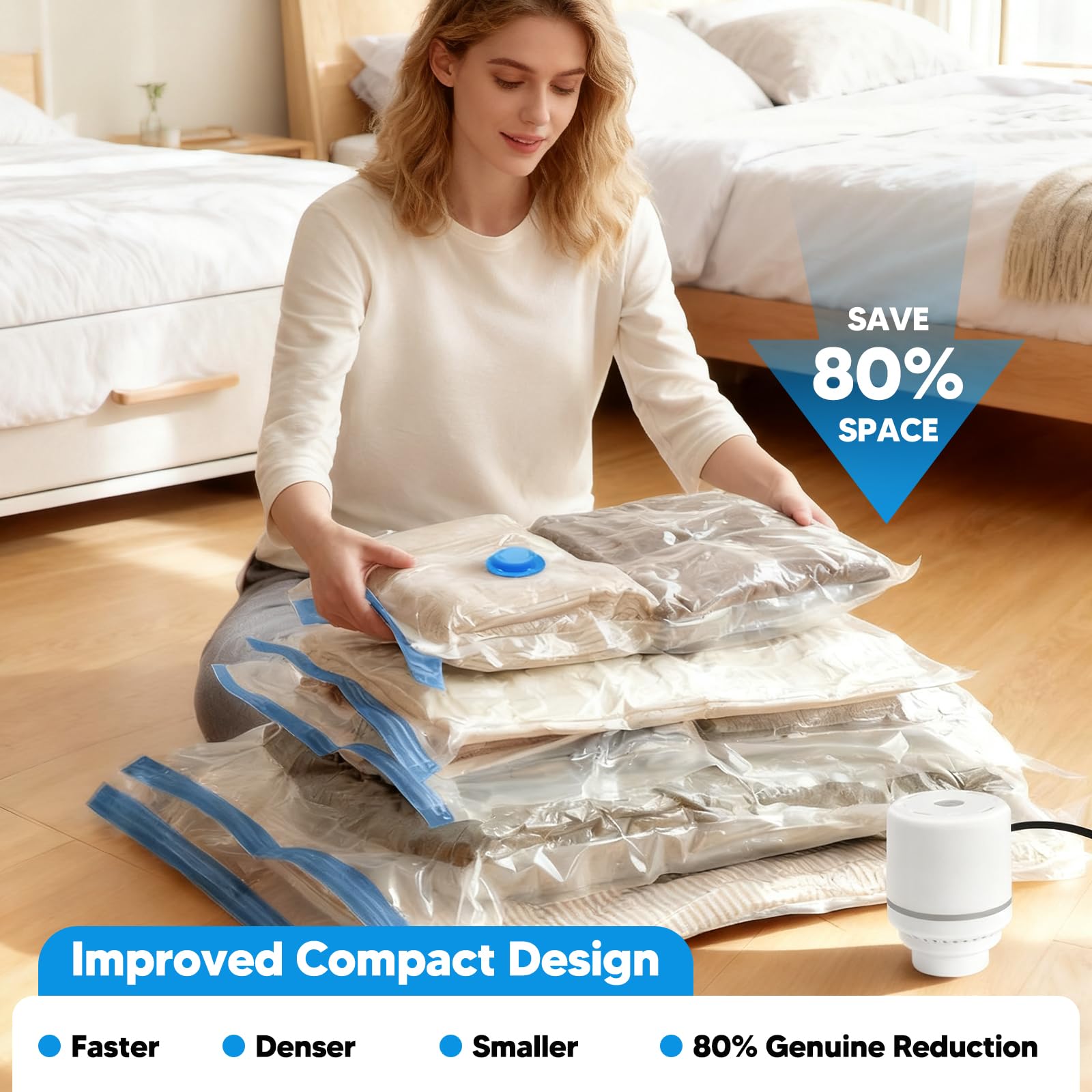 Set di sacchetti sottovuoto da 16 pezzi con pompa elettrica, sacchetti sottovuoto per vestiti, coperte, biancheria da letto, salvaspazio, per viaggi, trasloco, cambio stagione, 4 misure incluse