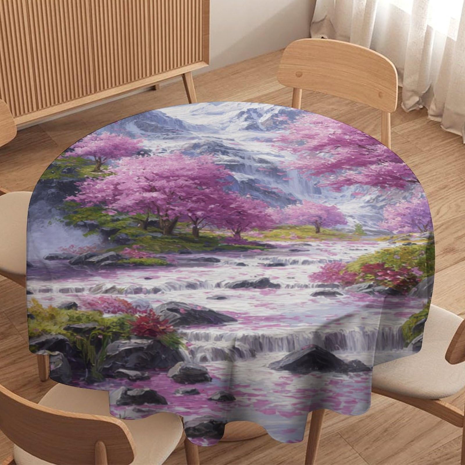 Luyysky Classic Watercolor Cherry Blossom Waterproof Round Tablecloth Fantasy Romantic Spring Waterfall Japanese Cherry Blossoms Washable Table Cover For Kitchen-177.8" Wx177.8 L Cm