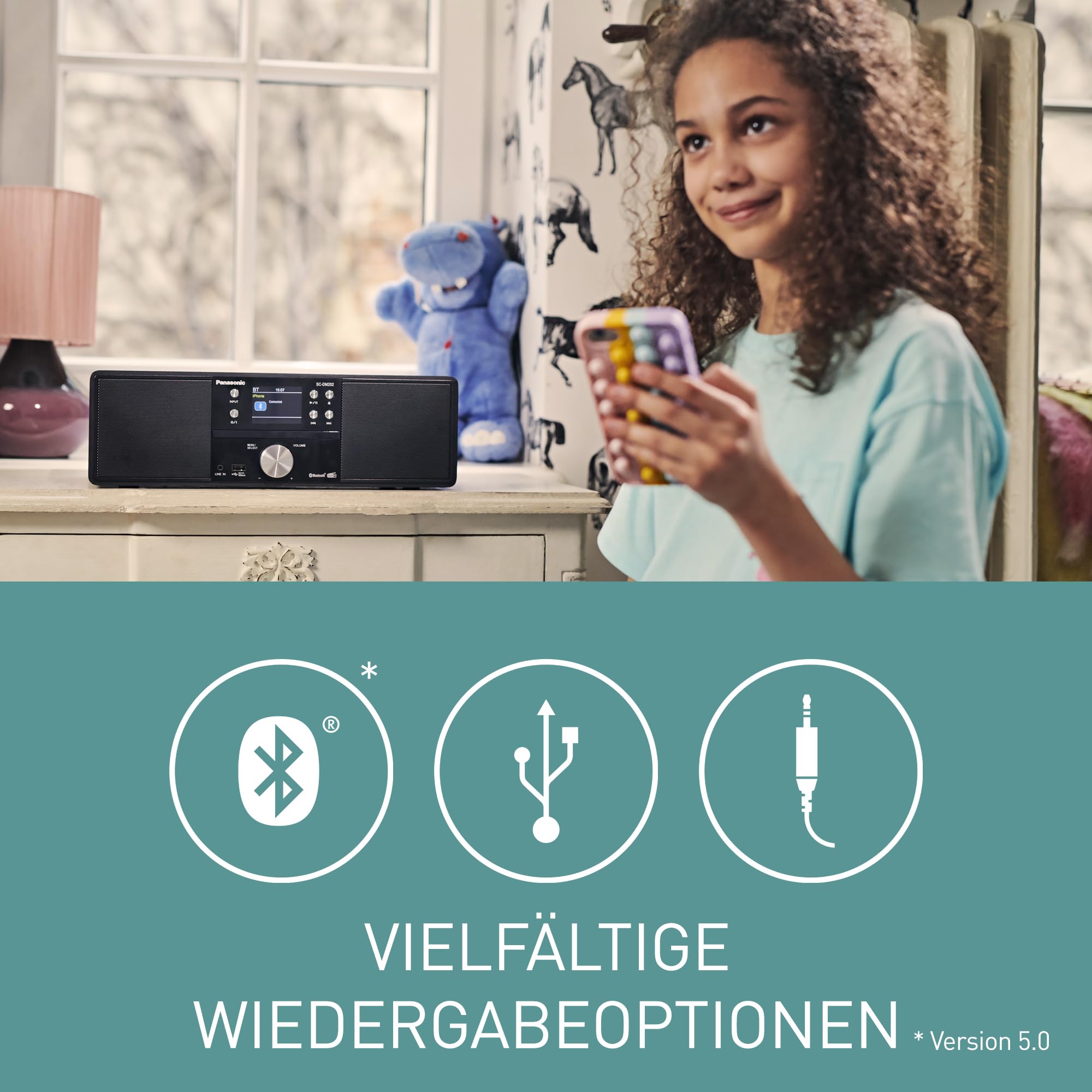 Panasonic SC-DM202EG-K Kompaktes Micro HiFi Stereosystem mit CD, DAB+/FM Radio, USB und Bluetooth, 24W Lautsprechern, Fernbedienung, 2,4 Zoll TFT LCD-Display, EQ-Einstellungen, Schwarz.