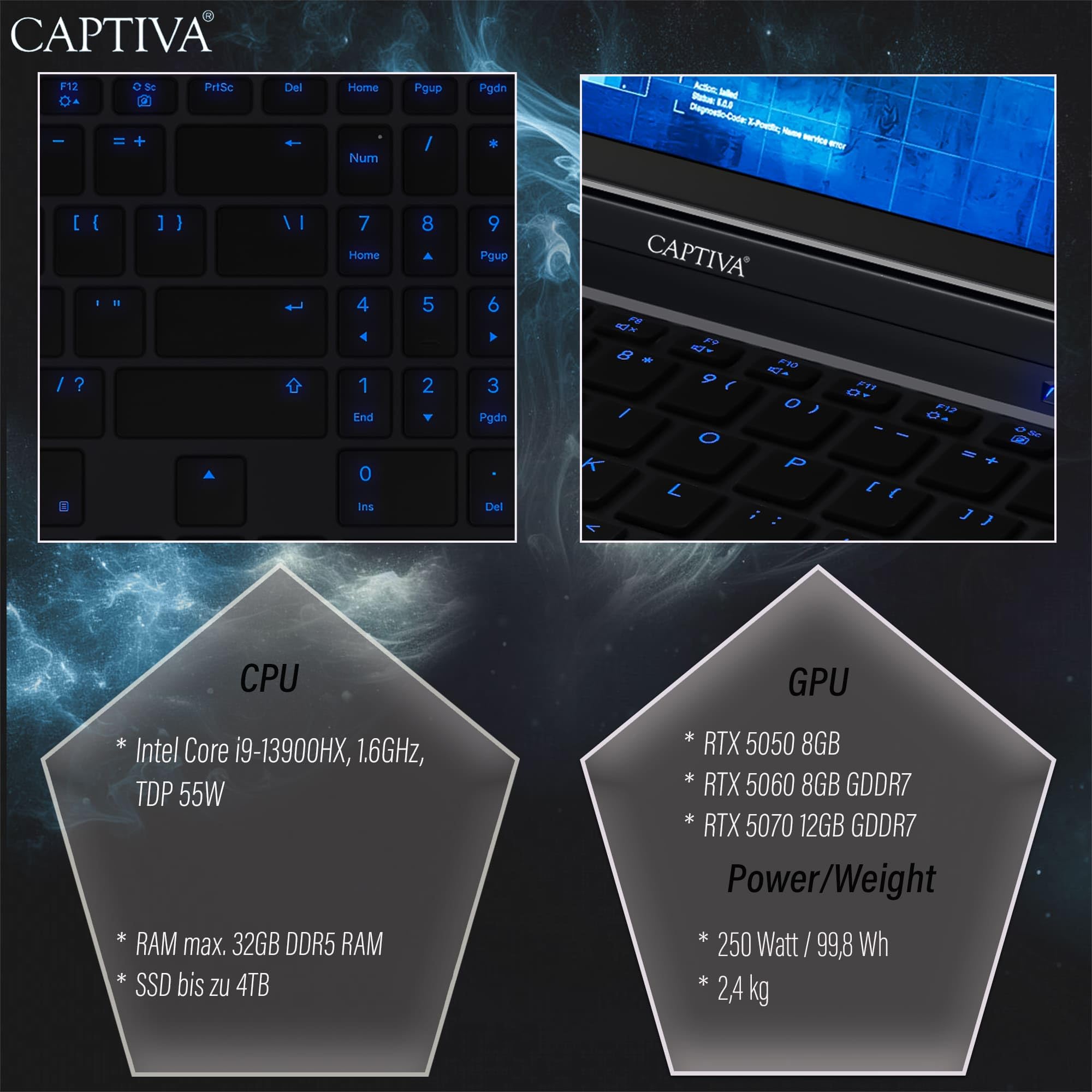 Captiva Notebook Highend Gaming I95-181GE | Intel Core i9 14900HX | 64GB DDR5 RAM | NVIDIA GeForce RTX 5070 Ti 12GB | 2 TB SSD | 16 Zoll WQXGA 300Hz | Windows 11 Home