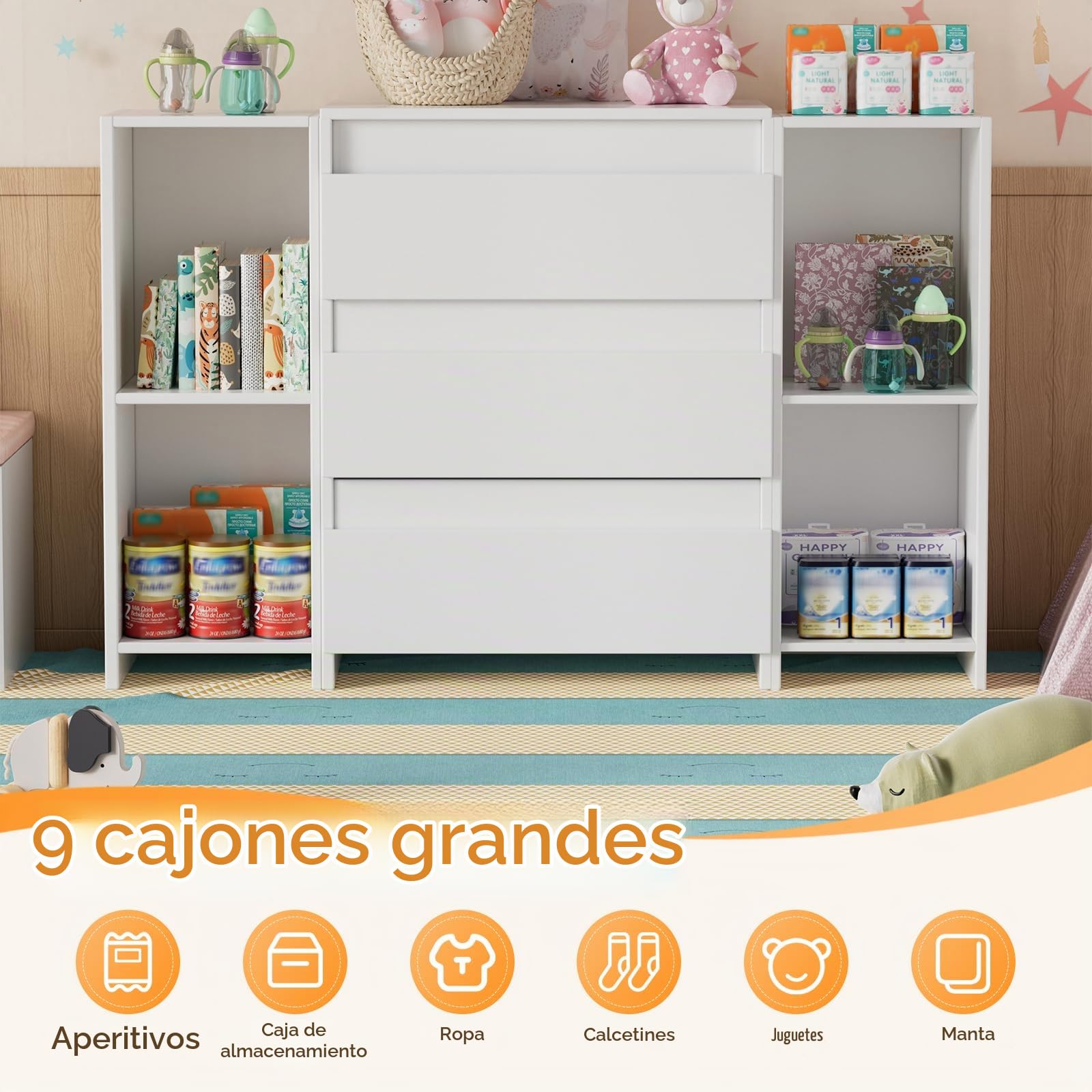 MSFE 2 en 1 Cambiador Bebe Mueble, Cómoda con Adaptador Cambiador Comoda, Cómoda Cambiador Bebe con 3 Cajones y 6 Compartimentos, Moderno 73x70x78 cm/ 113x32x70 cm- Blanco