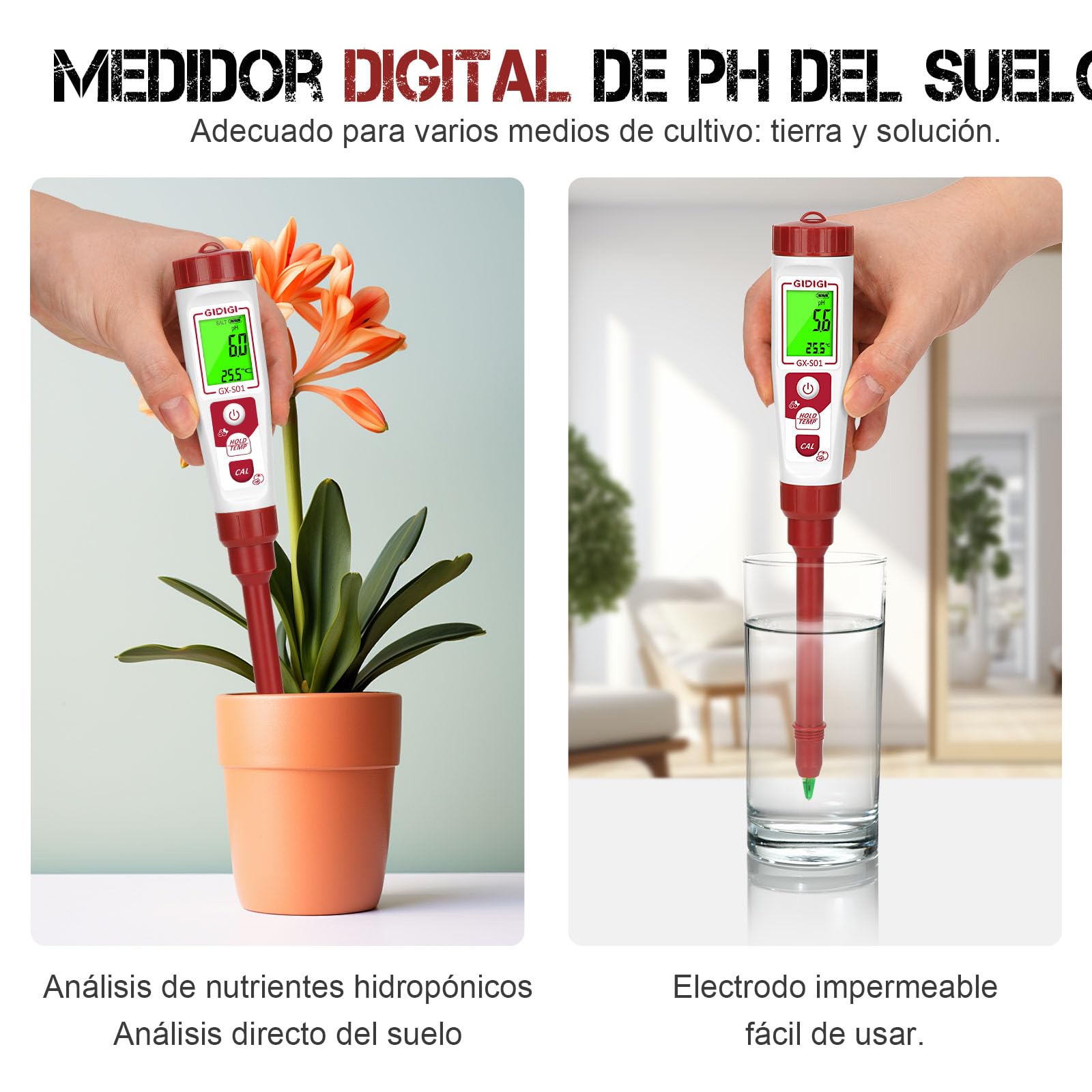 Medidor de pH y temp del suelo, pHímetro de suelo plantas en maceta