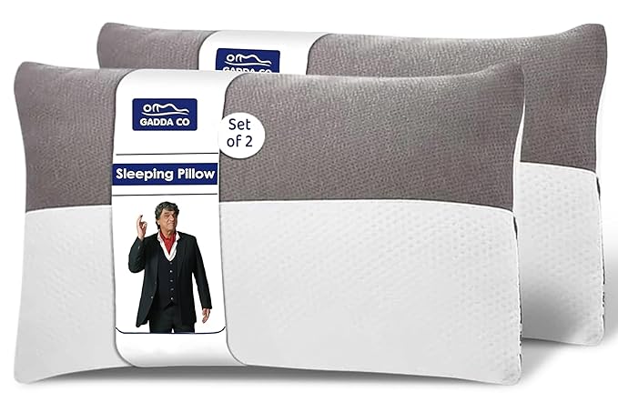 GADDA CO Hollow Sleeping Fiber Pillow with Zip | Set of 2| Height Adjustable Sleeping Bed Pillow, Soft and Fluffy | White and Grey, Standard Size with 3 Months Warranty