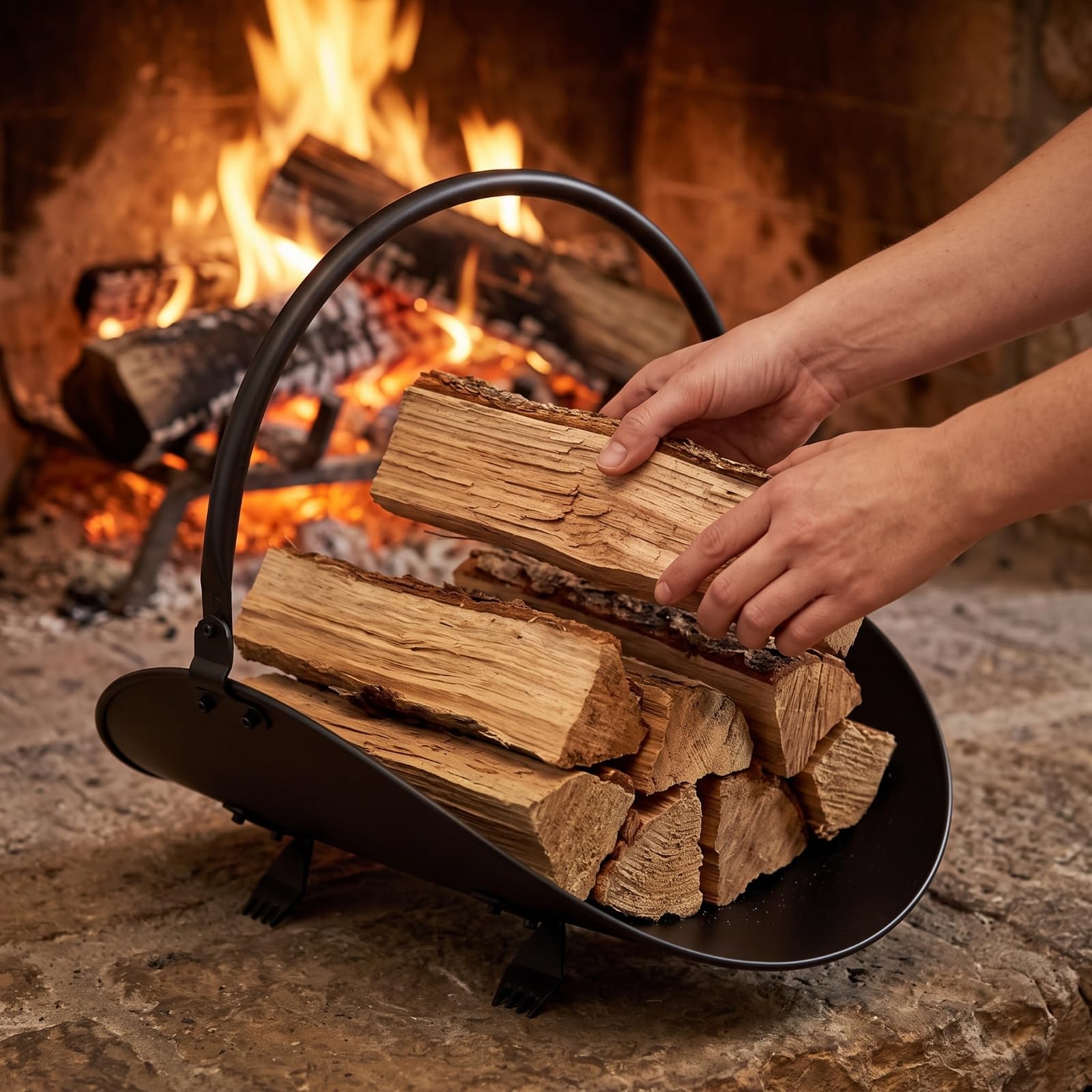 Estante para Leña Soporte Leñero Portátil Organizador Revistero con Asa de Hierro Negro sin Montaje Base Curva Elevada Antideslizante Adecuado para Chimenea Interior Sala de Estar