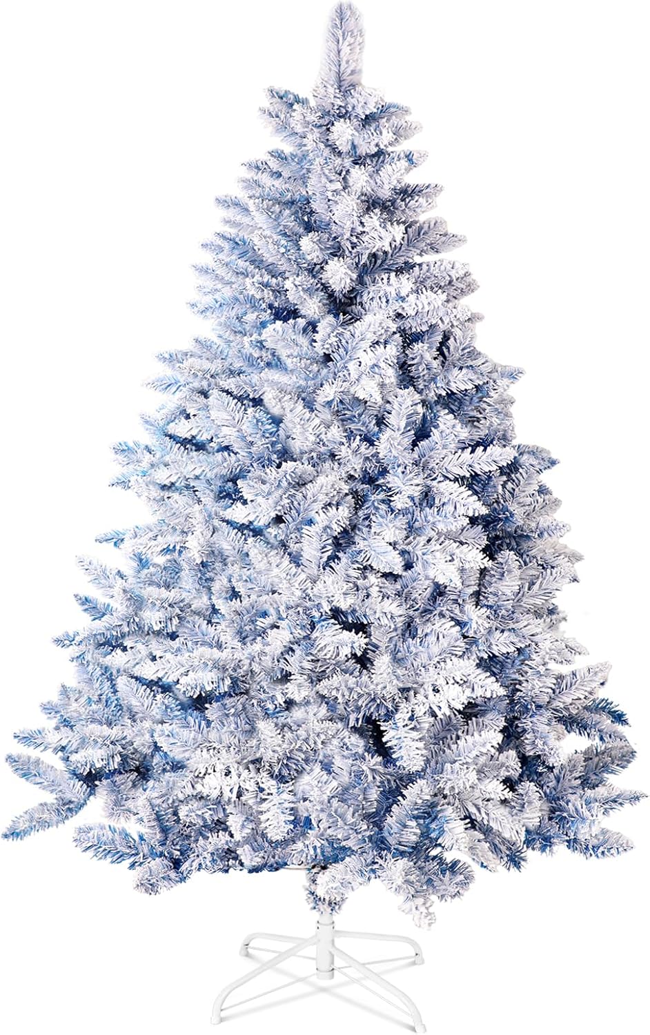 6 FT Snow Flocked Artificial Christmas Tree, Full Xmas Tree with 800 Automatically Expanding Branch Tips, Foldable Metal Stand and Hinged Branches, Holiday Decoration for Home, Party, Blue