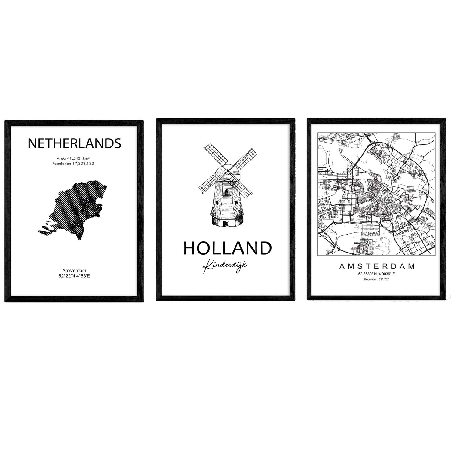 Nacnic Amsterdam Pack Of Posters And Monuments Countries. City Map, Map Netherlands Kinderdijk Monument. A3 Size