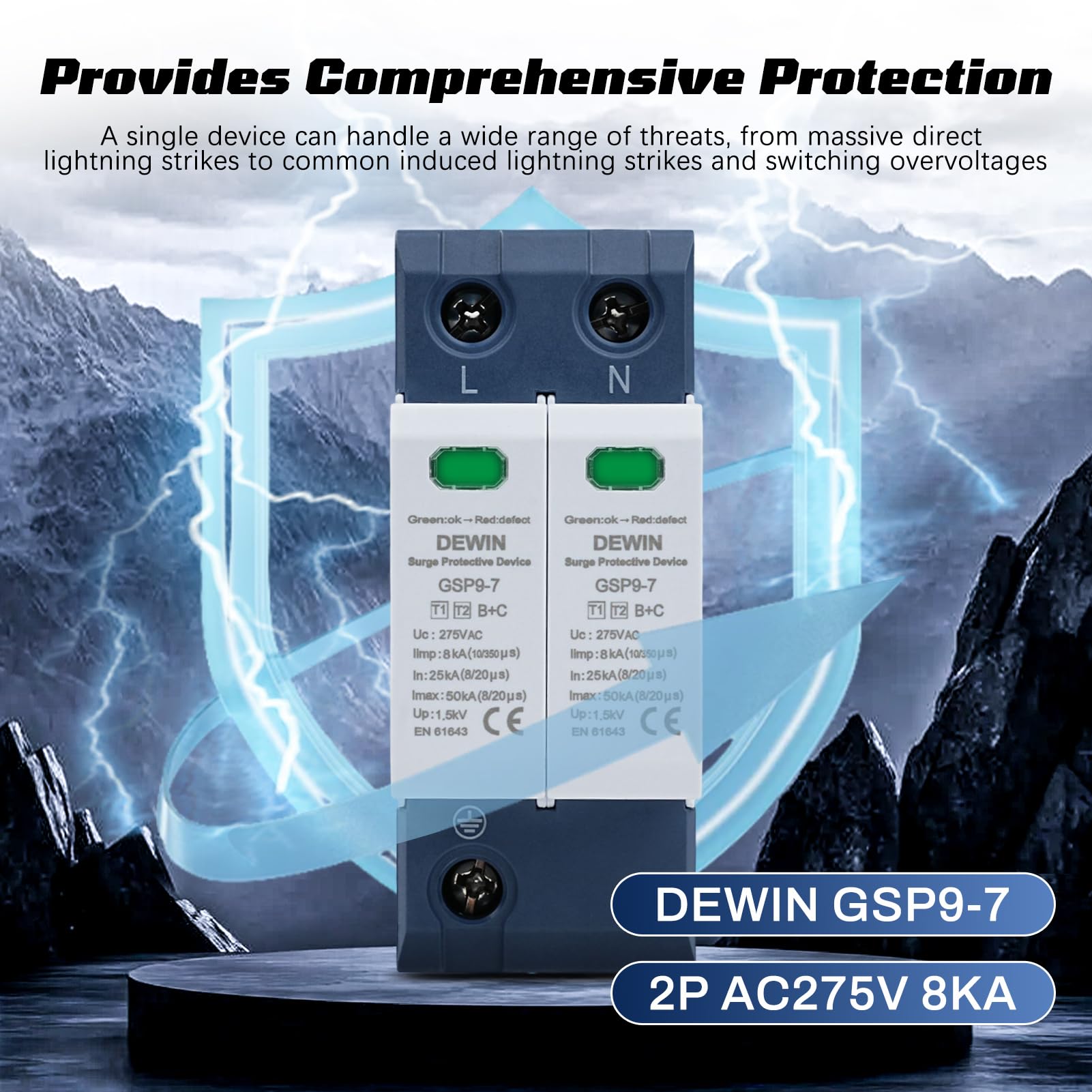 DEWIN Scaricatore di Sovratensione 2P AC 275V 25KA~50KA Dispositivo Protezione Fulmini Bassa Tensione