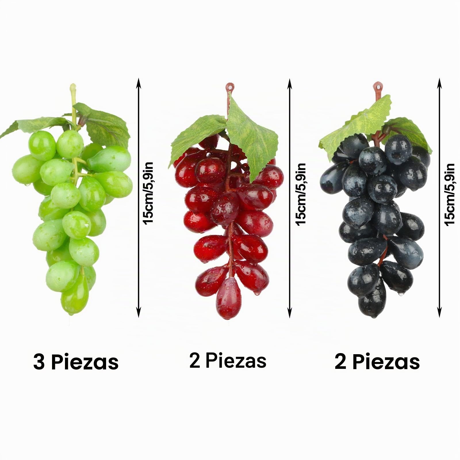 Juego de 7 uvas artificiales de plástico (3 uvas artificiales, para decoración de vino, soporte de frutas artificiales, 7 unidades)
