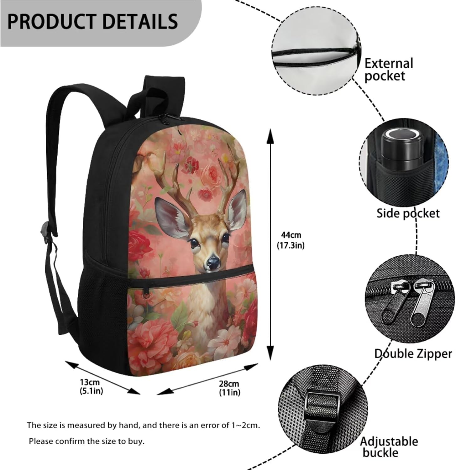 Xoenoiee Deer Floral Pink Pattern 3Pcs Bookbag+Lunch Box+Pencil Bag for Students 17in Large School Bag Backpack Set for Boys Girls Back To School