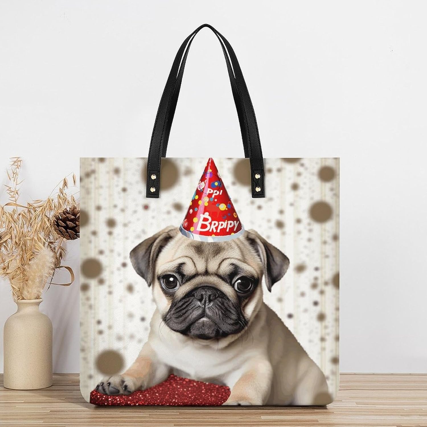 Cute Happy Birthday Pug Puppy Handbags Large Capacity, Tote Bag Stylish Slouchy, Shoulder Bags for Work Beach Travel And Shopping Grocery.