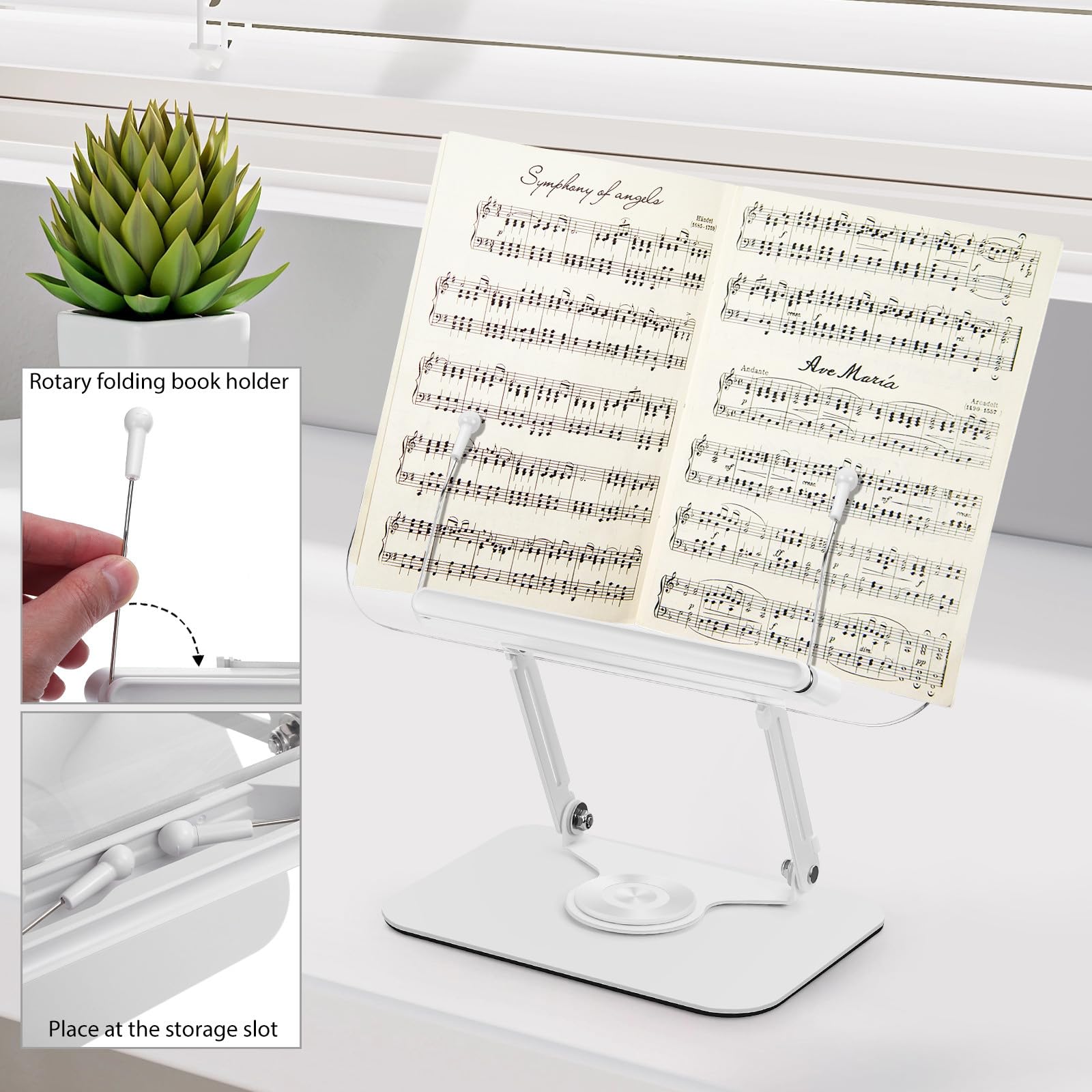 Lurrose Leggio Regolabile per Libri e Laptop con Base Girevole 360°, Supporto da Scrivania in Acrilico e Metallo 36,8x34 Cm con Fermalibri per Lettura a Mani Libere e Uso Multifunzionale