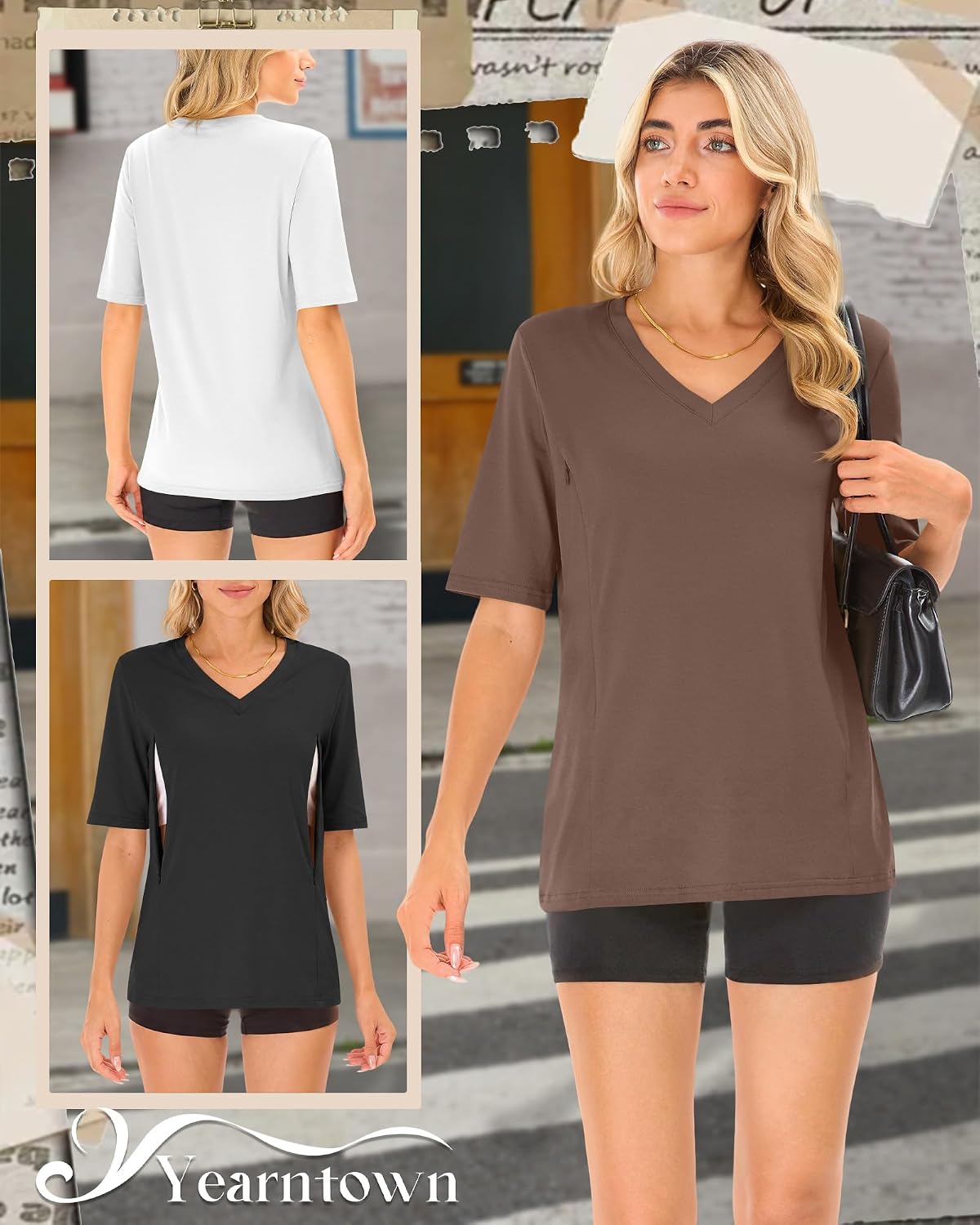 4 Pack Women's Nursing Shirt for Breastfeeding with Hidden Zipper Half Sleeves Tops V Neck Postpartum Maternity Tee