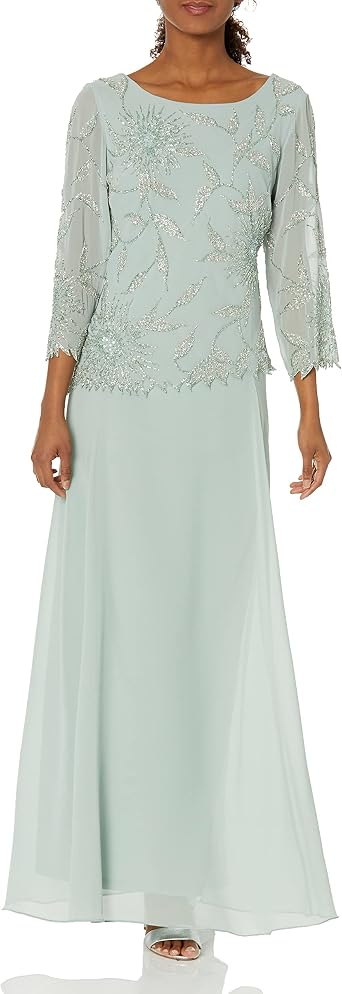 J Kara Womens Scoop Neck Line with 3/4 Sleeve Beaded Top Long Dress