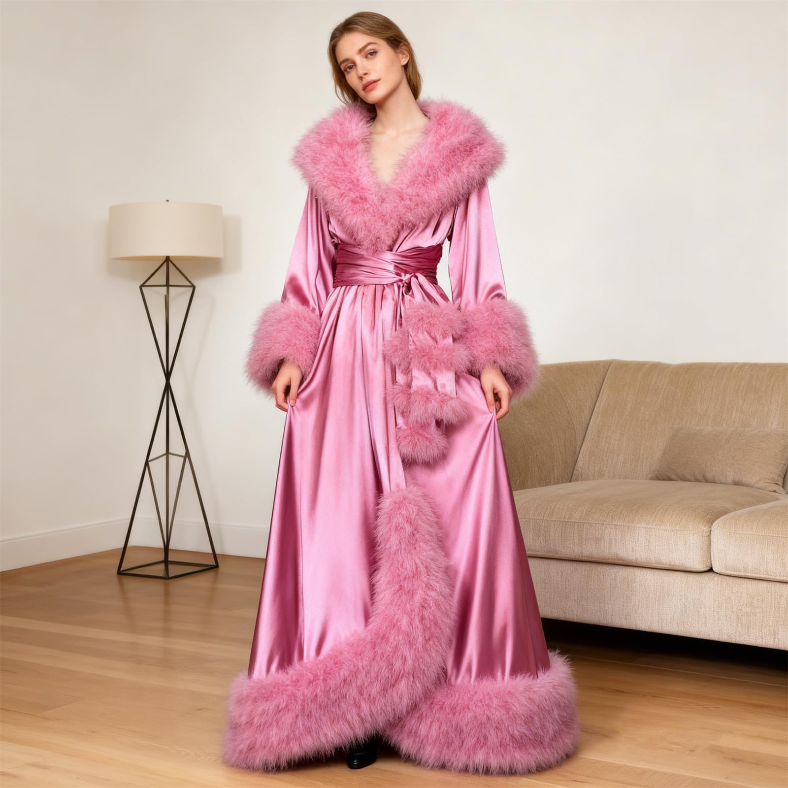Albornoz de satén para mujer, con ribete de piel, pijama de dama de honor, ropa de dormir suave y sedosa, bata de longitud completa para boda