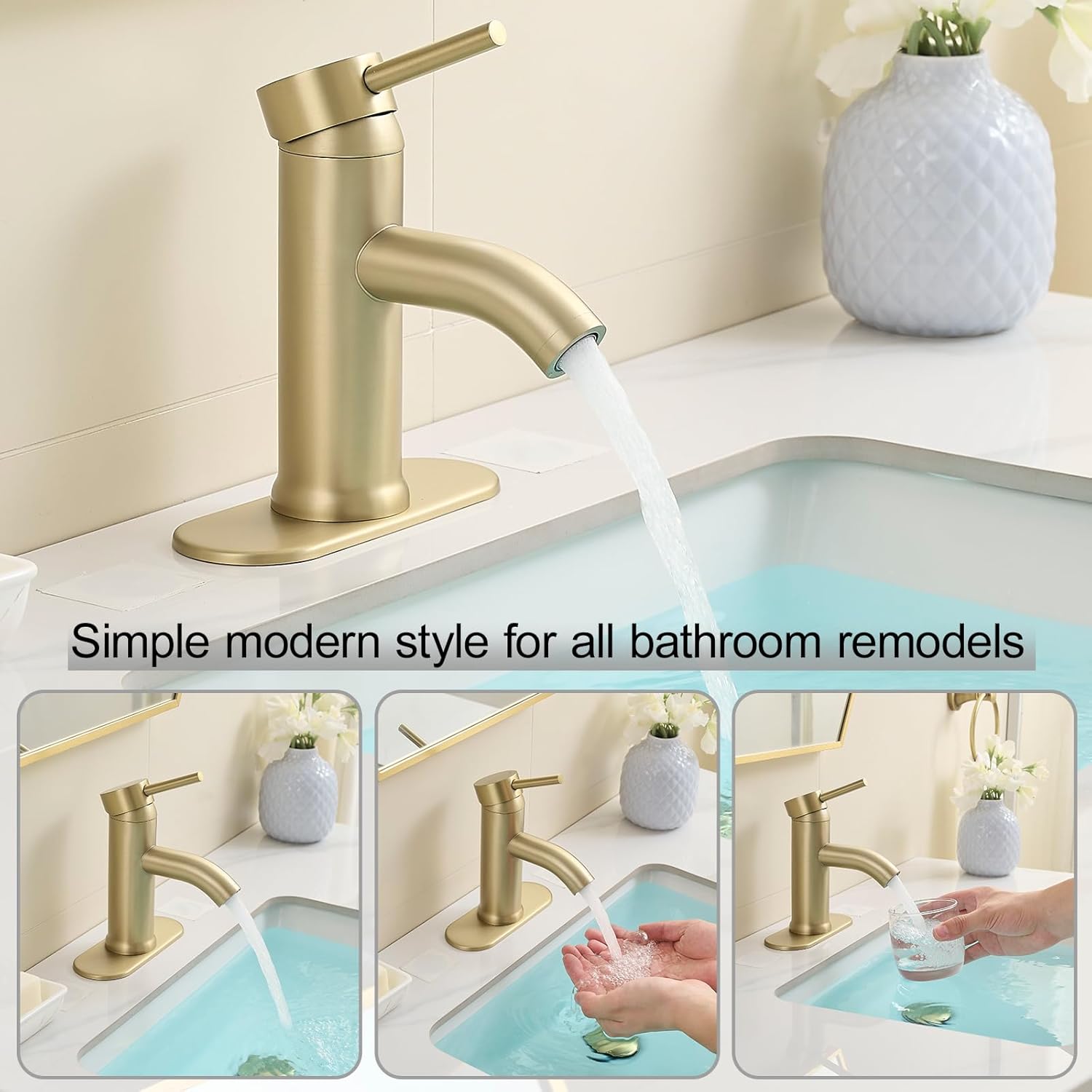 Brushed Gold Bathroom Faucet PONAFOU Single Handle Faucet with Pop-Up Drain and Supply Hoses for Bathroom Sink Vanity RV for 1 Hole or 3 Hole