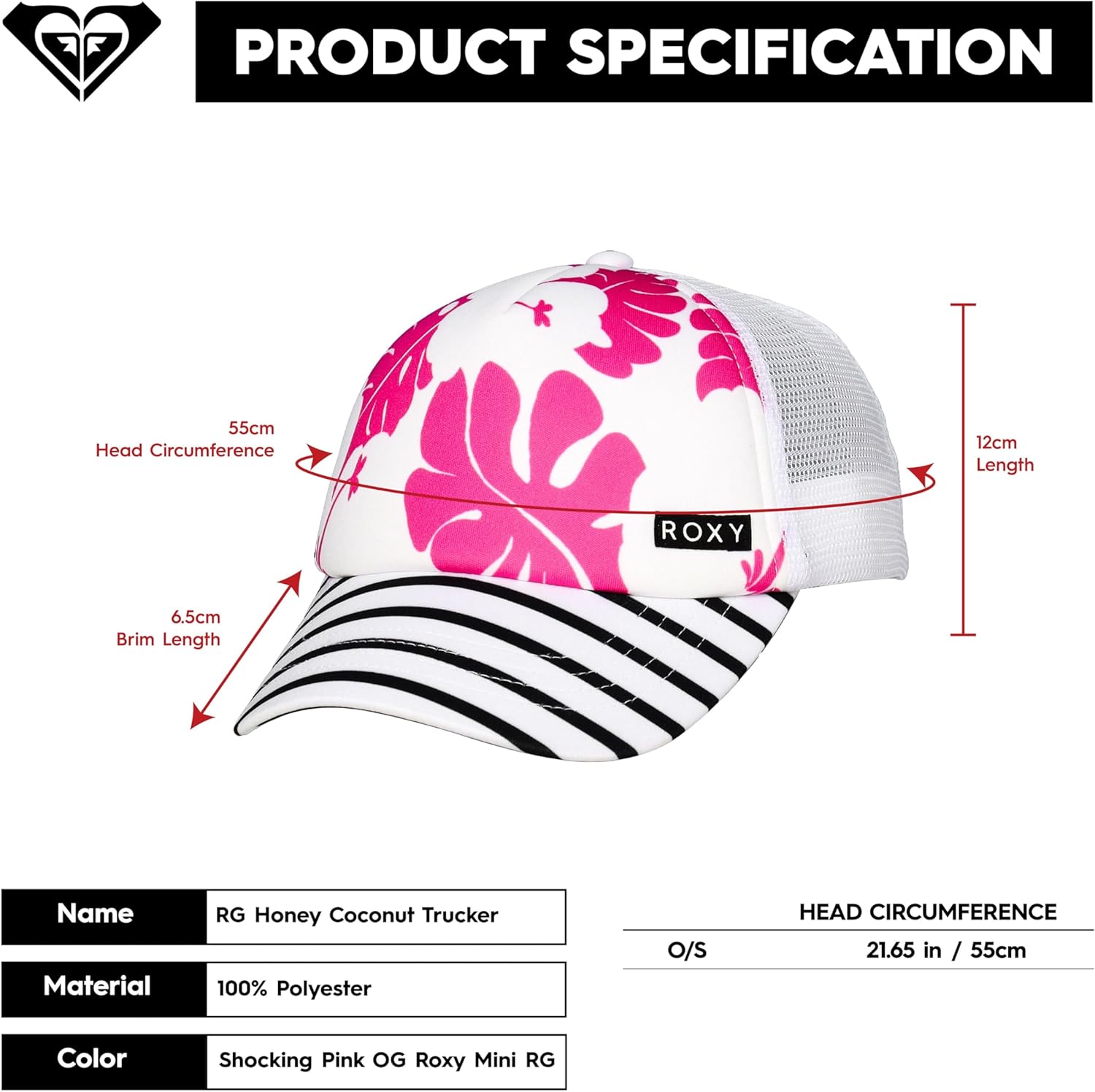 Roxy Girls' Honey Coconut Trucker Hat - Breathable Mesh Snapback, Curved Visor - Image 4