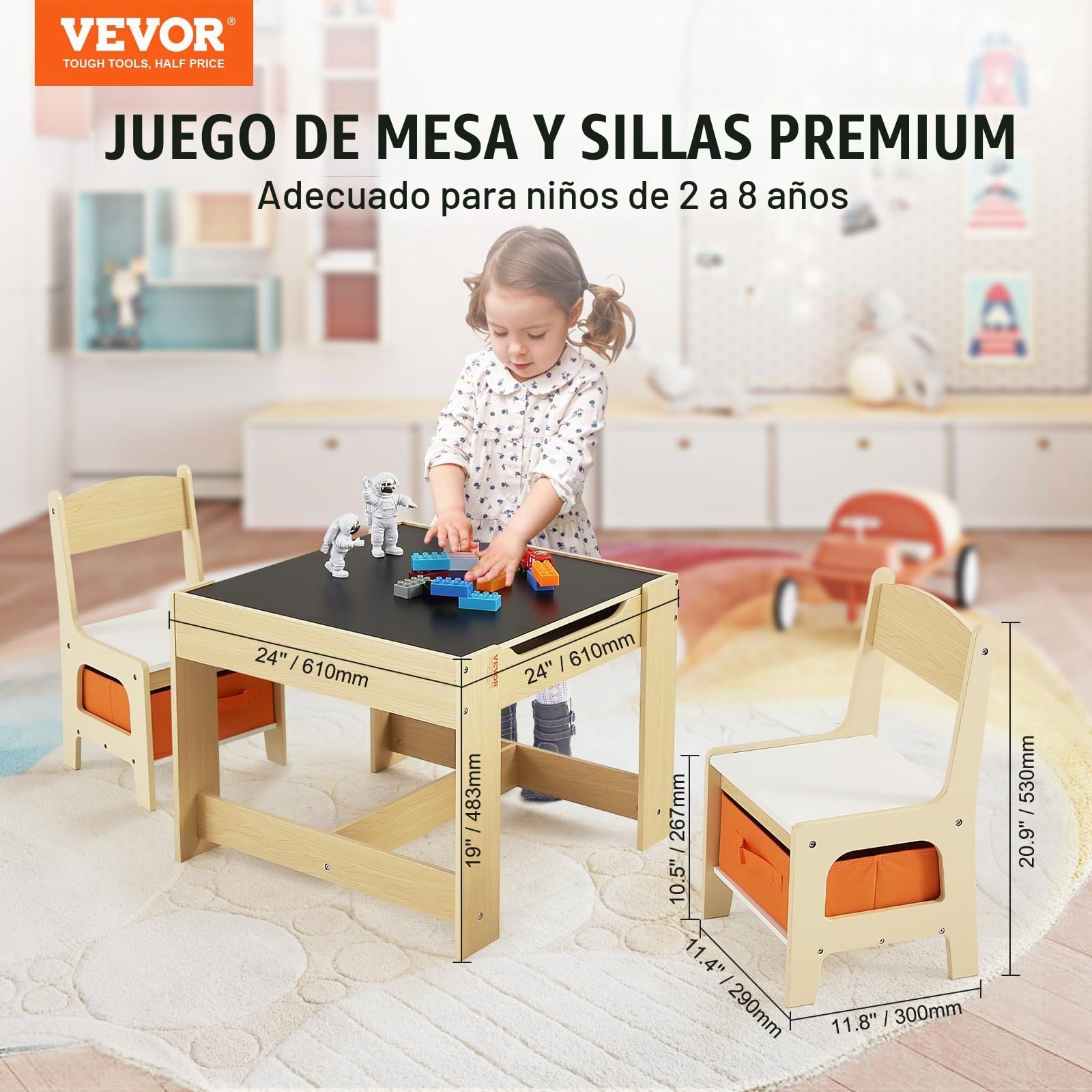 VEVOR 1 Mesa Infantil + 2 Sillas de 610x610x483 mm y 290x300x530 mm Conjunto de Muebles Infantiles con Caja de Almacenamiento Bandeja de Doble Cara para Estudiar Comer Jugar Leer Habitación Infantil