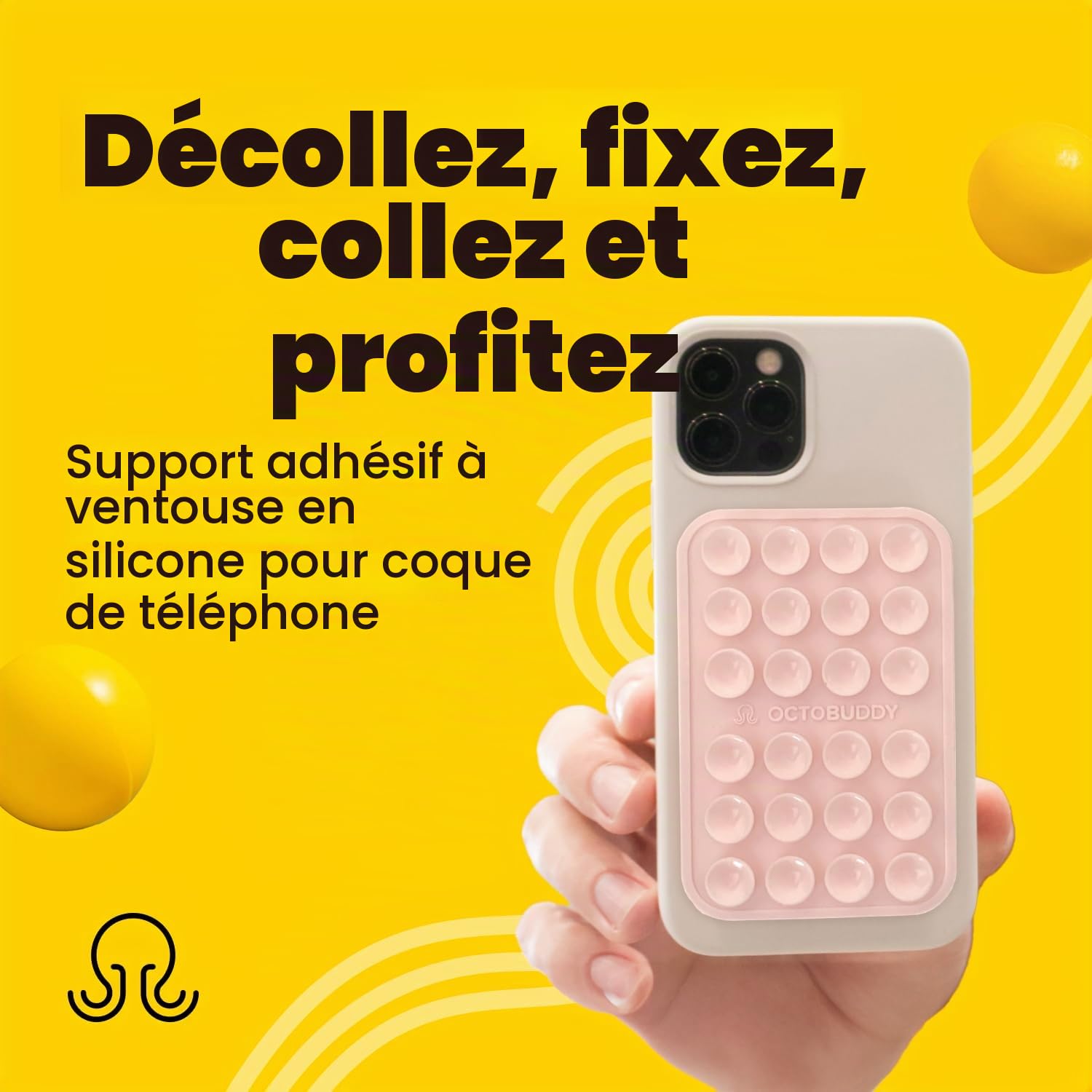 OCTOBUDDY Max || Support adhésif en Silicone pour Coque de téléphone || Compatible avec iPhone et Android, Support d'accessoires Mains Libres antidérapant pour Selfies et vidéos (Max - Rose Craie)