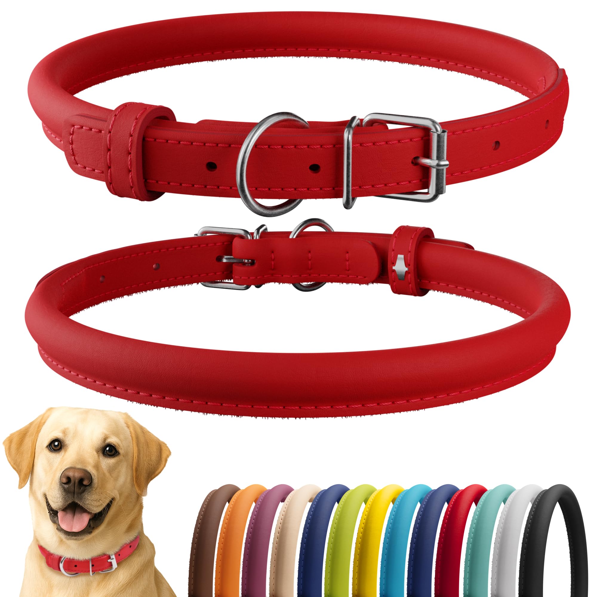 CollarDirect Rolled Leather Dog Collar, Soft Padded Round Puppy Collar, Handmade Genuine Leather Collar Dog Small Large Cat Collars 13 Colors (18-22