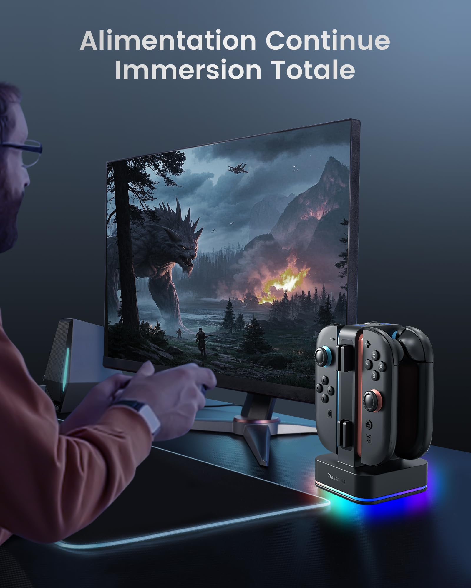 TRANSNOVO Chargeur Compatible avec Nintendo Switch 2, Station de Charge 4 en 1 avec 8 Emplacements pour Cartes de Jeu, Indicateur LED, 9 Modes RGB Lumière Gaming, Charge Simultanée de 1 à 4 Joycon