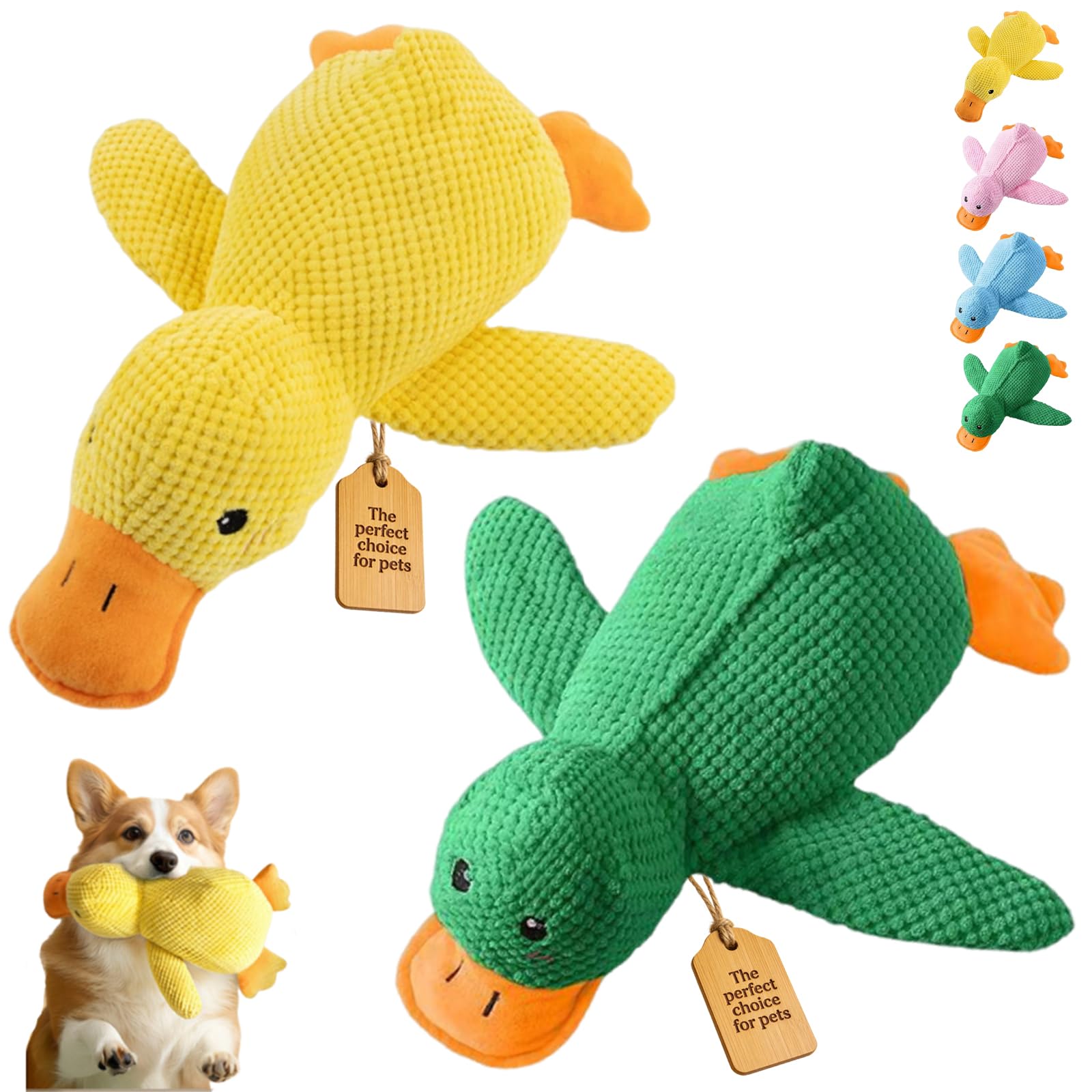 2026 New Calming Duck Toy for Dogs, Interactive Quacking Dog Toy with Quack Sound and Crinkle, Soft Plush Durable, Chew Doll with Squeaker for Pets Indoor and Outdoor (Yellow+Green, S: 25 * 22CM)