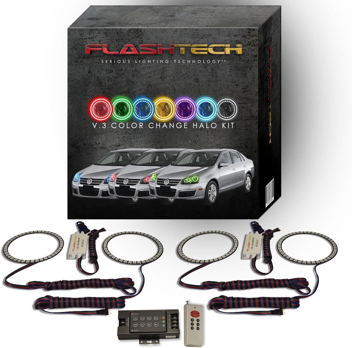 Flashtech RGB LED Halo Ring Accent Light Kit Compatible with Volkswagen Jetta (2005-2010) Headlight Housings - RF Remote