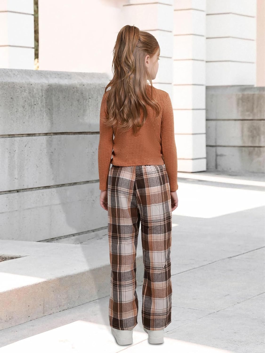 Girls 2 Piece Clothes Set Solid Long Sleeve V Neck Tops Wide Leg Plaid Pants with Pockets Fall Winter Outfits 6-14Y