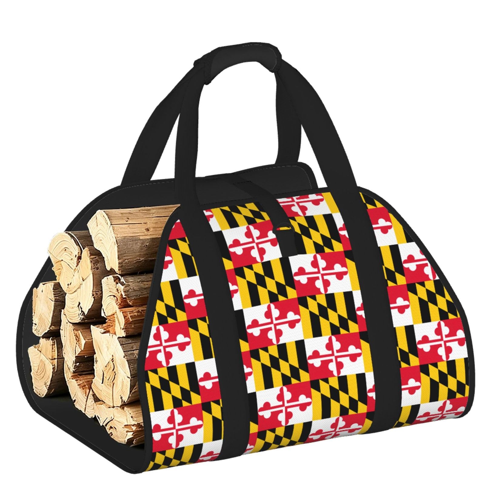 Ayyqwe Black Flag Of Maryland Print Firewood Bag Wood Waterproof Versatile Camping Picnic Storage Daily Home