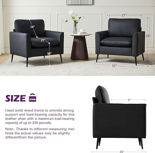 Miniatura 8 de TYBOATLE Juego de 2 sillas decorativas, sillas decorativas de cuero negro, silla cómoda para sala de estar, silla de lectura acogedora, sillas