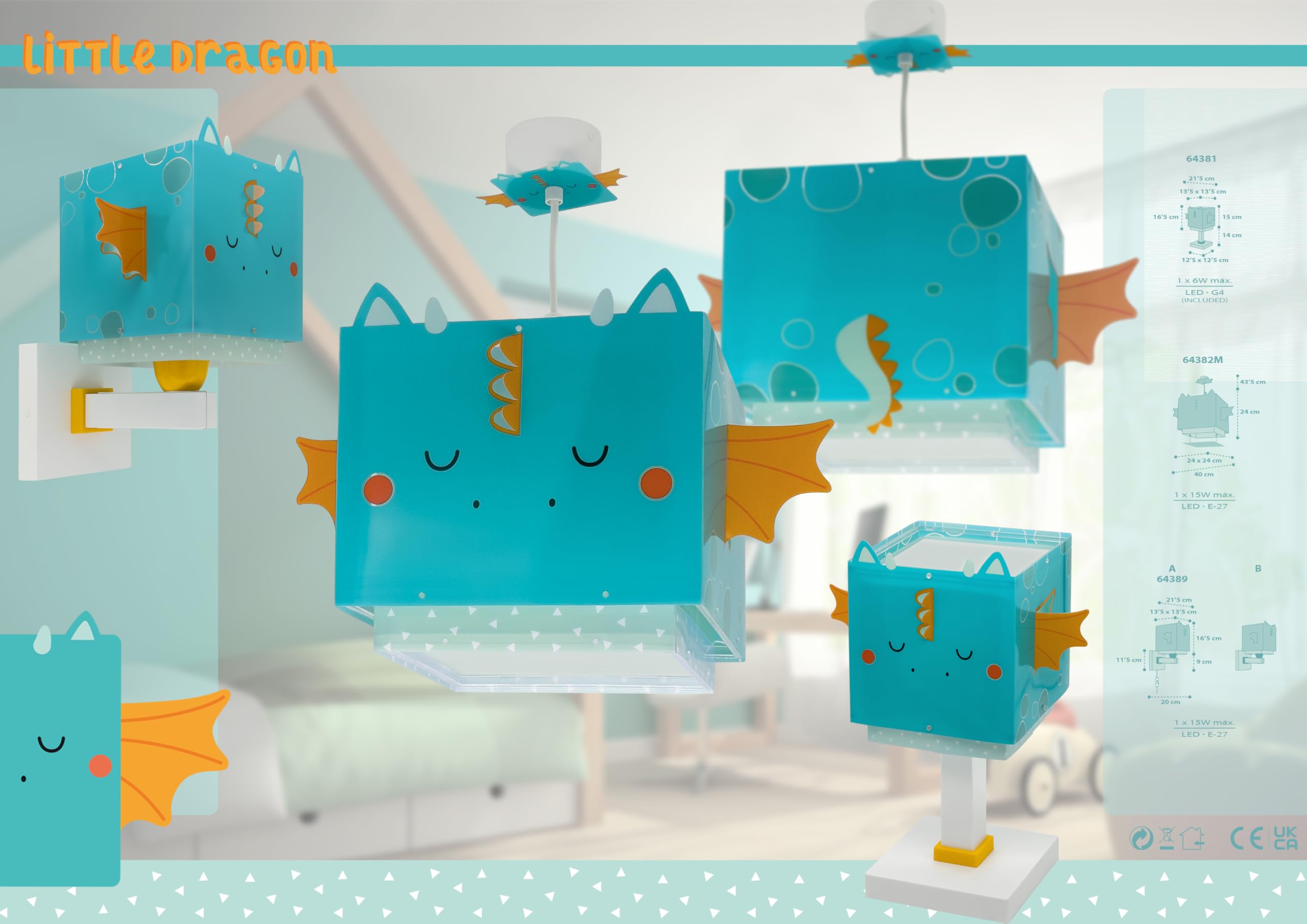 Lampada a sospensione per bambini Dalber Little Dragon, con drago e altri animali, modello 64382M, attacco E27, ideale per la cameretta dei bambini.