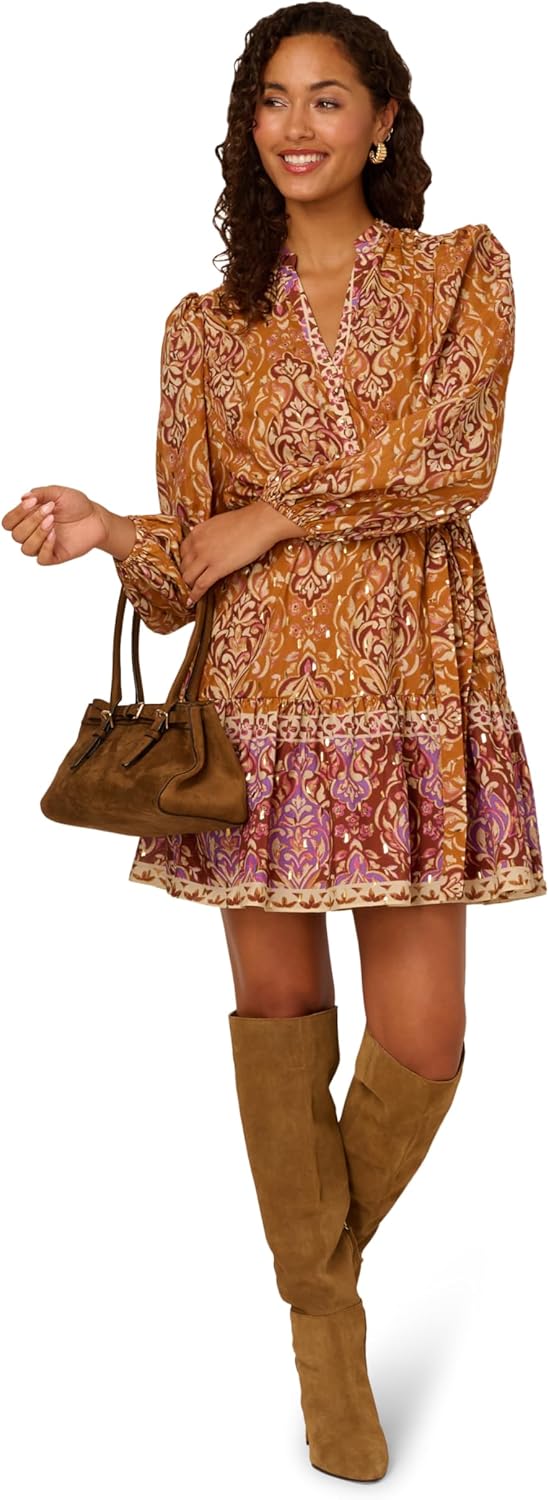 Adrianna Papell Women's Printed Short Dress, Brown Multi - Image 4