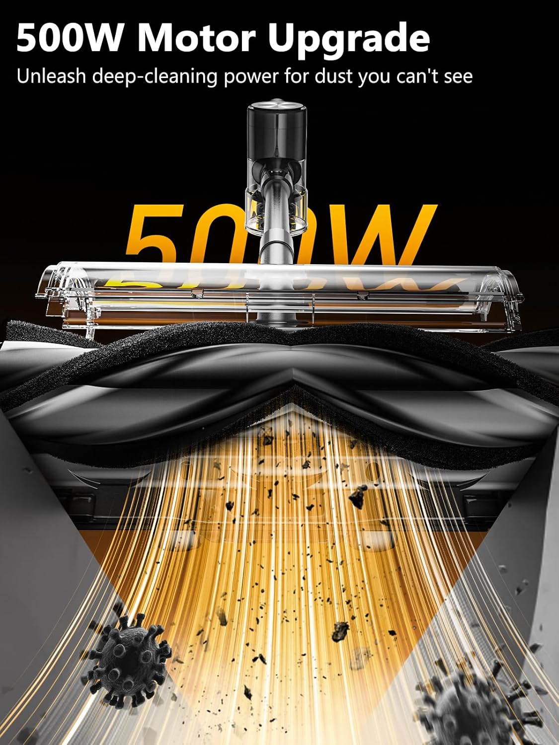 Cordless Vacuum Cleaner, 46KPa/500W Stick Vacuum with 55 Mins Runtime, Self-Standing Vacuum Cleaner for Home, LED Display, Anti-Tangle Brush, Rechargeable Vacuum for Hardwood Floor, Pet Hair (Black)