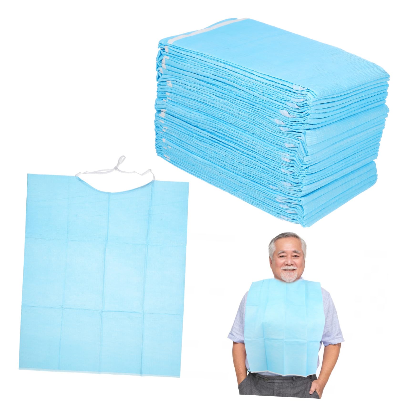 Artibetter 30Pcs Disposable Adult Bibs - Waterproof, Leak-Proof Feeding Bibs for Elderly, Easy to Wear, Protects against Spills, Blue
