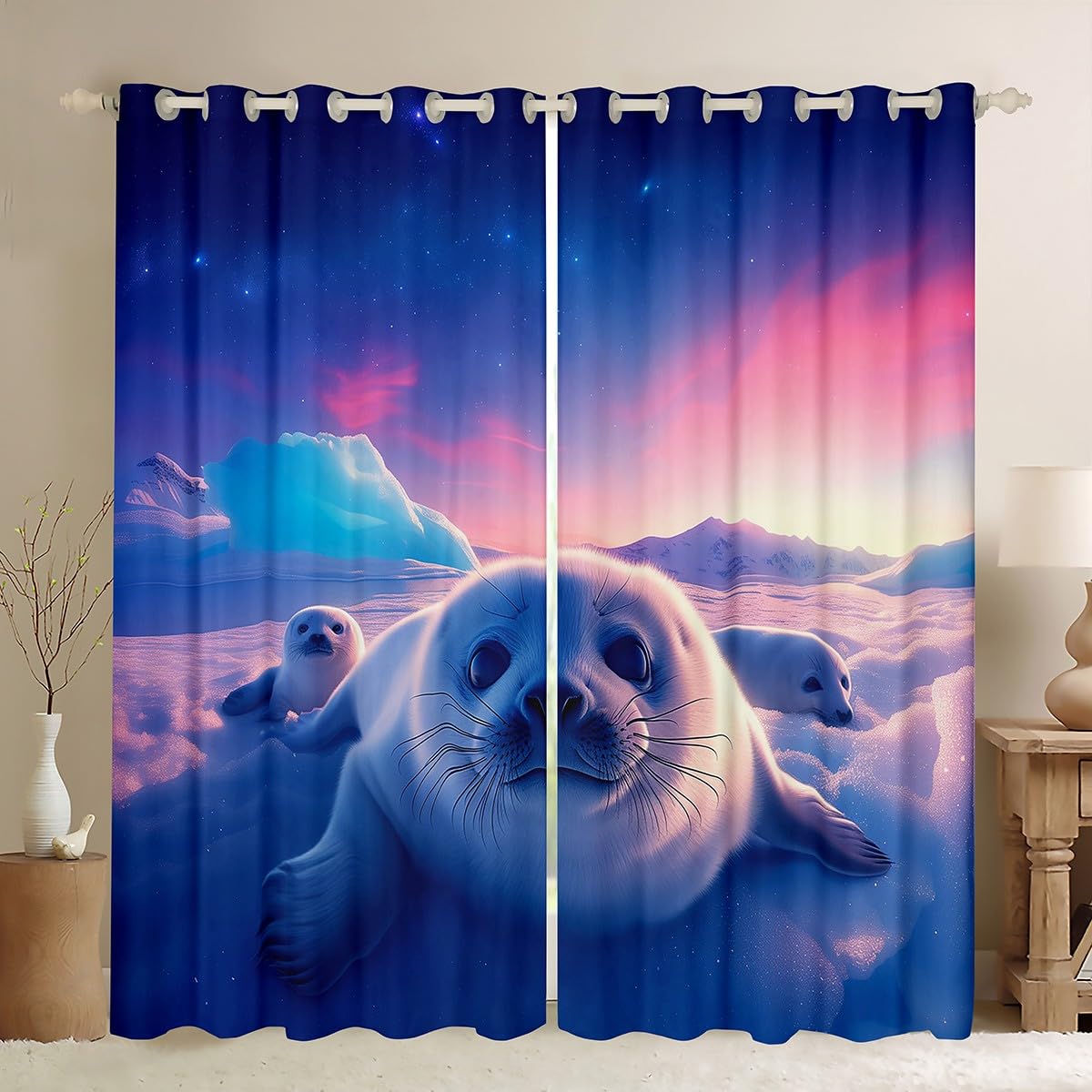 Homemissing Cute Sea Lion Curtains Cartoon Sea Lion Window Drapes Treatments for Kids Boys Girls Blue Pink Sky Window Drapes Sea Animal Window Treatments, W66*L90,2 Panels