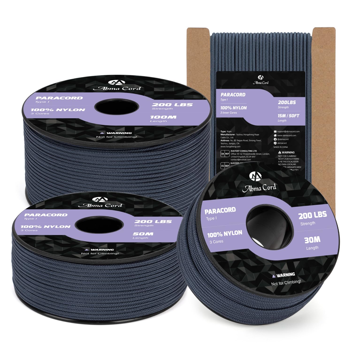 Abma Cord 2mm Paracord 100m Nylon Rope 3 Strands Type I Cord for DIY, Camping, Outdoor - Max. 90kg (200lbs) - Navy Blue