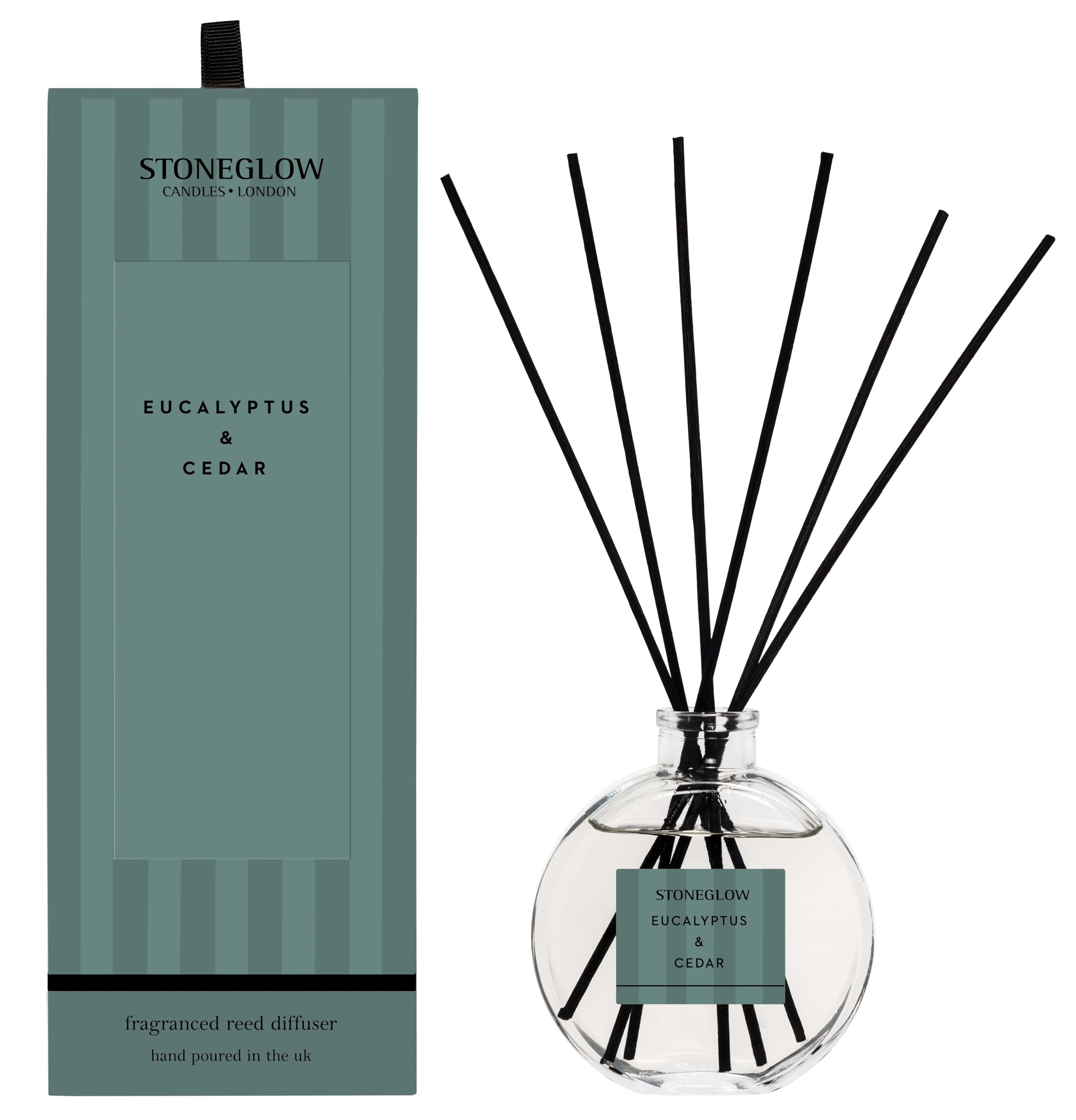 Stoneglow Modern Classics Eucalyptus & Cedar Scented Reed Diffuser 120ml with Bergamot & Lavender Notes, 12 Rattan Reed Diffuser Sticks, Lasts 10 Weeks, Refillable & Reusable, Premium Air freshener