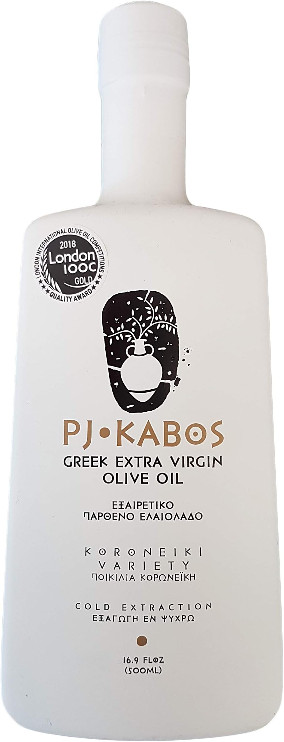 2018 GOLD Medal Winner PJ KABOS 16.9Floz Greek Extra Virgin Olive Oil | 100% olive oil born in Ancient Olympia vicinity | From Greece | KORONEIKI Variety | 16.9Floz Glass Bottle