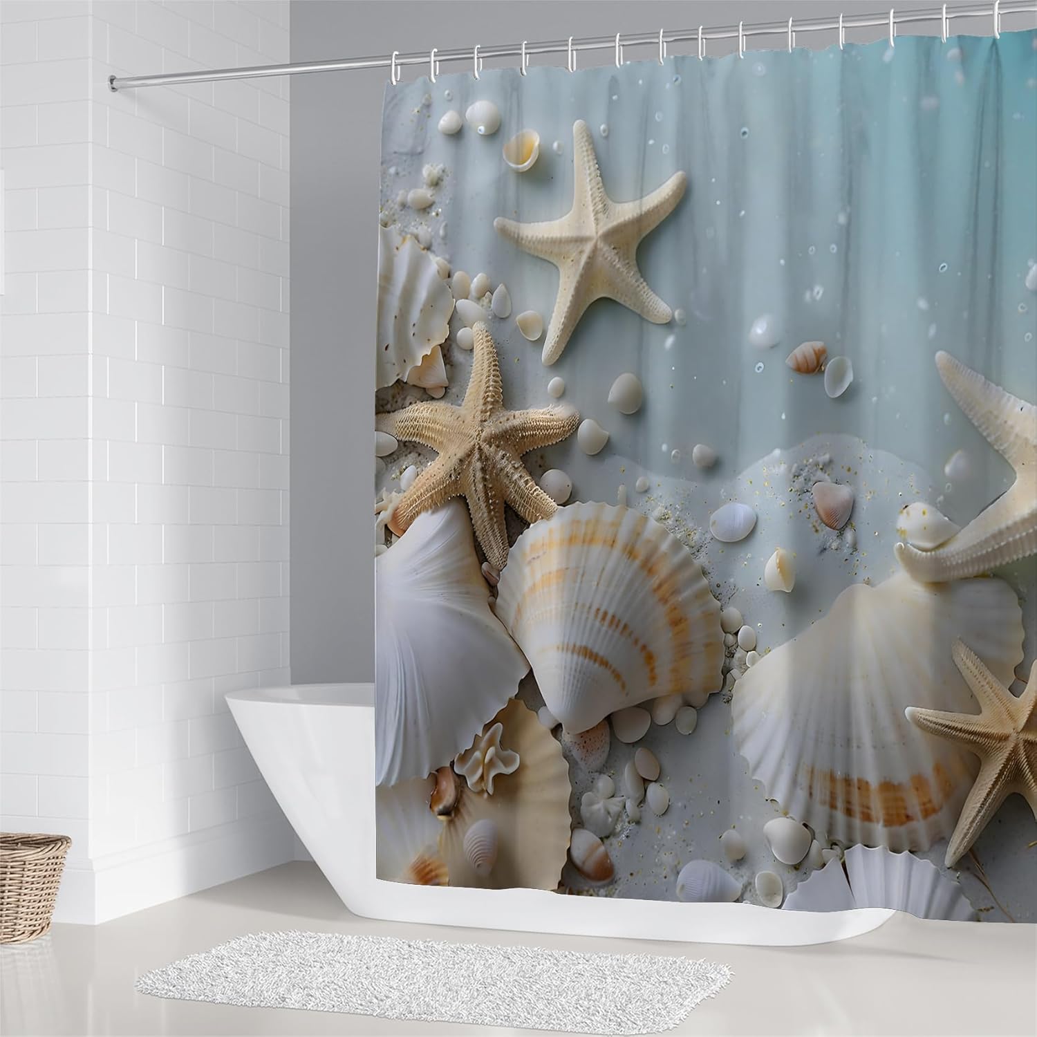 Chrainy 4Pcs Beach Grey Blue Shower Curtain Sets Sea Shell Bathroom Set Decor with Non-Slip Rugs Bath U-Shaped Mat Toilet Lid Cover Waterproof Starfish Bathroom Curtain Shower Set with 12 Hooks