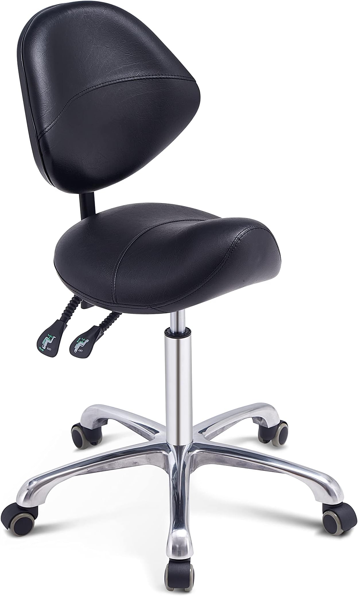 Grace&Grace Saddle Stool with Back Support Massage Swivel Chair for Beauty Tattoo Lash Clinic Dentist Spa Salons Studio,Adjustable Rolling Stool on Wheels(With Backrest, Black)