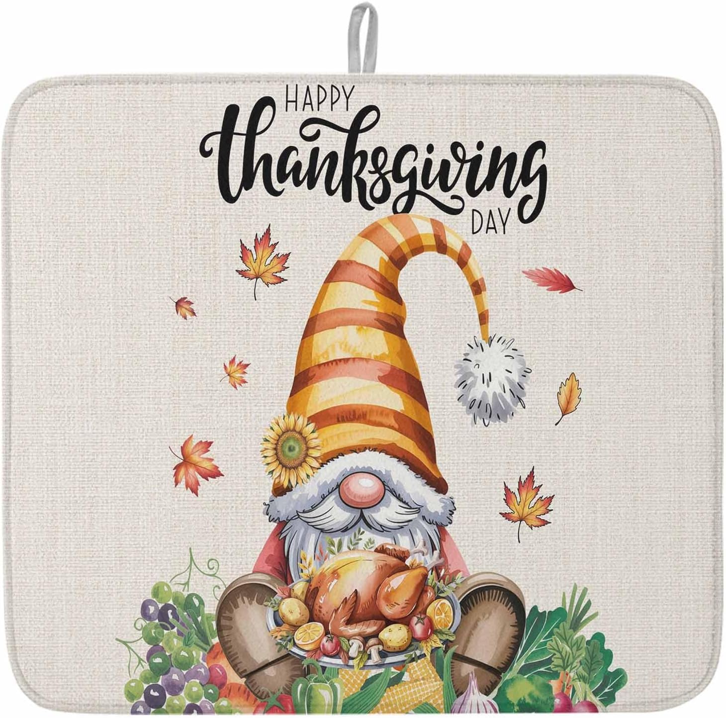 Happy Thanksgiving Day Gnomes Dish Drying Mat for Kitchen Counter, Fall Maple Leaf Botanical Baby Bottle Microfiber Drying Pad, Fruits Vegetable Absorbent Coffee Cup Dishes Drainer Mats 18"x24", 1 Pcs